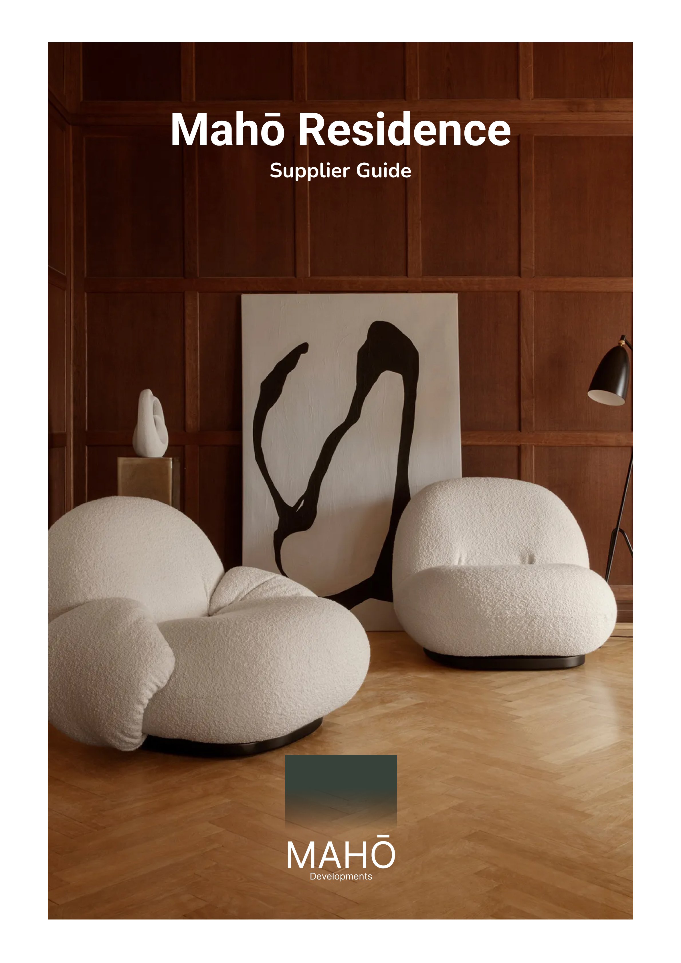 Cover page of a supplier guide titled "Mahō Residence" with a modern interior featuring two white textured armchairs, a black and white abstract painting, a black floor lamp, and a white sculpture against wood-paneled walls.