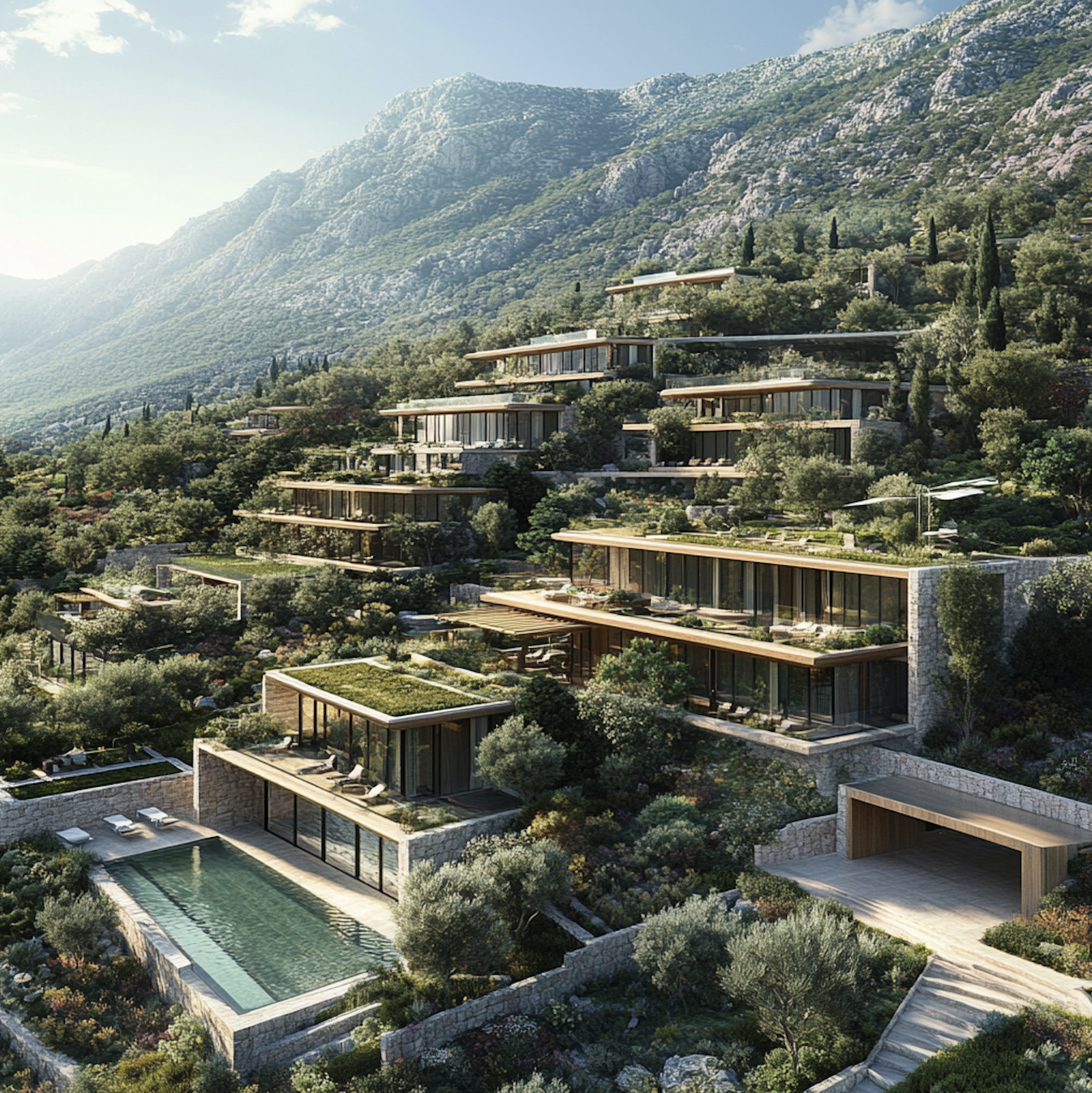 A modern hillside residential complex with multiple tiered houses surrounded by lush greenery and mountains in the background.
