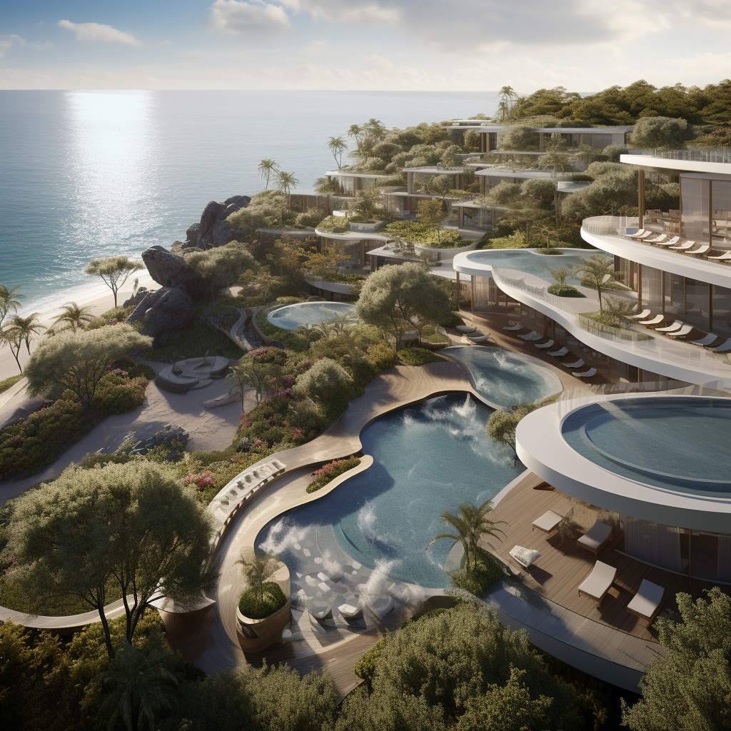 Luxury seaside resort with multiple modern buildings, infinity pools, lush landscaping, and ocean view.