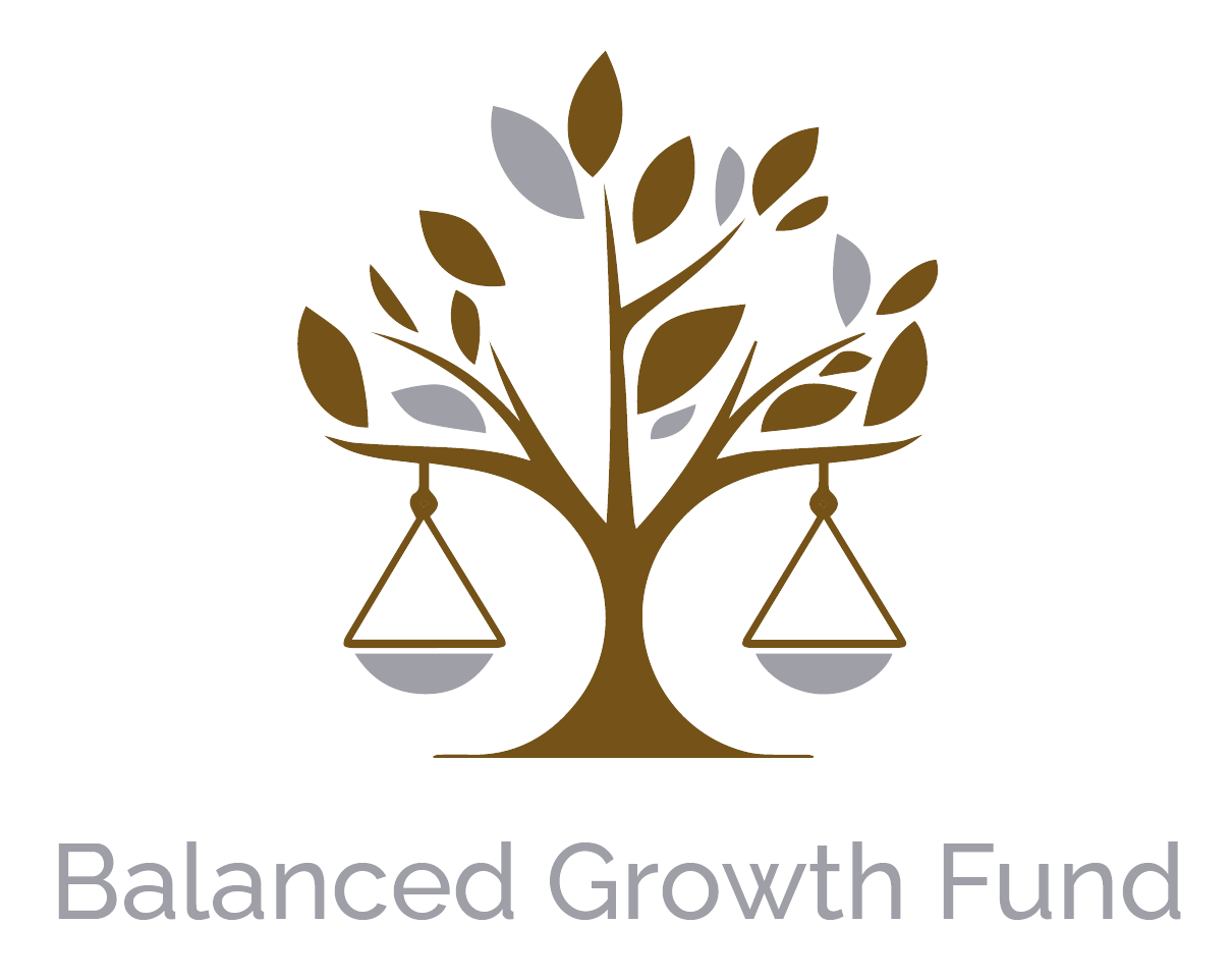 A logo featuring a stylized tree with brown and gray leaves and a balanced scale hanging from each side of its branches. Below the logo, the text reads 'Balanced Growth Fund'.