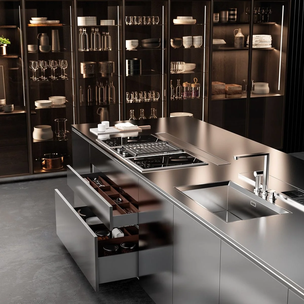 Modern kitchen with stainless steel island, black cabinetry, and glass-front shelves displaying dishes and glassware.