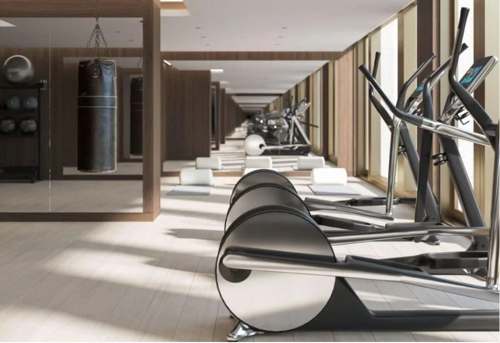 Empty fitness gym with treadmills lined up along windows, punching bag, and medicine balls
