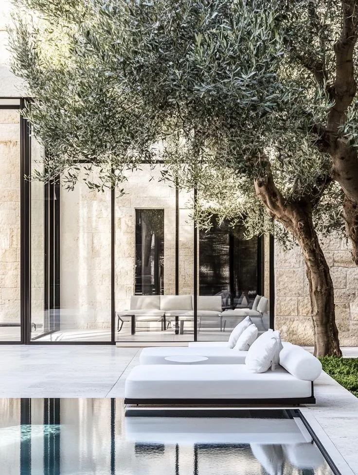 Modern outdoor lounging area with white sunbeds, pillows, and a pool, adjacent to a glass wall and tree.