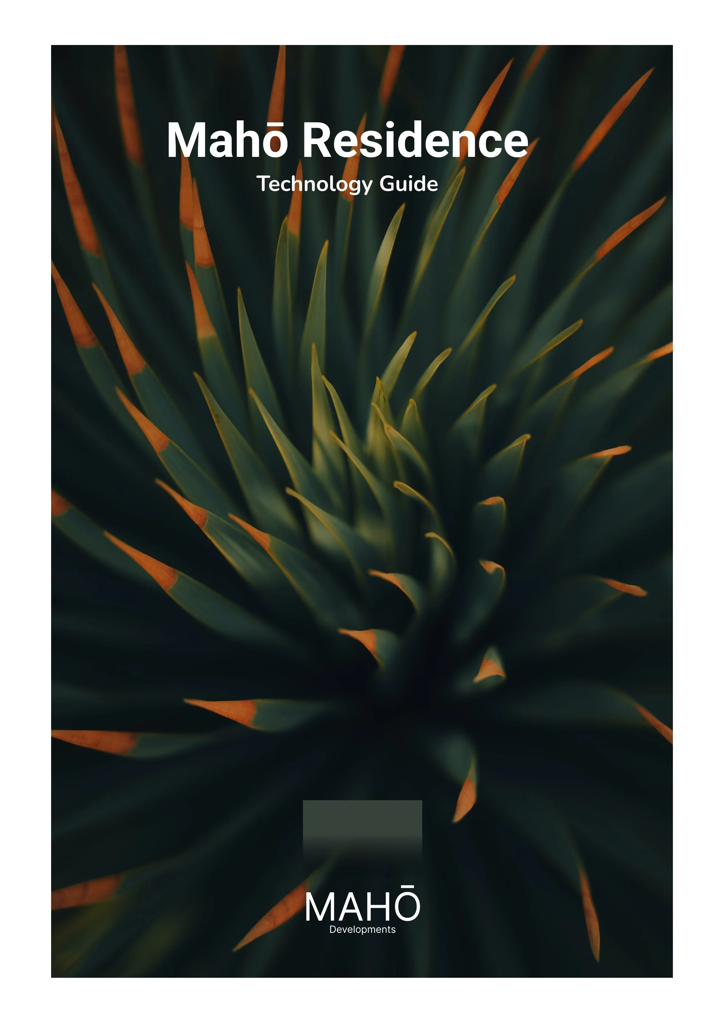 Cover page of the Mahō Residence Technology Guide featuring a close-up of a spiky, green desert plant with orange tips.