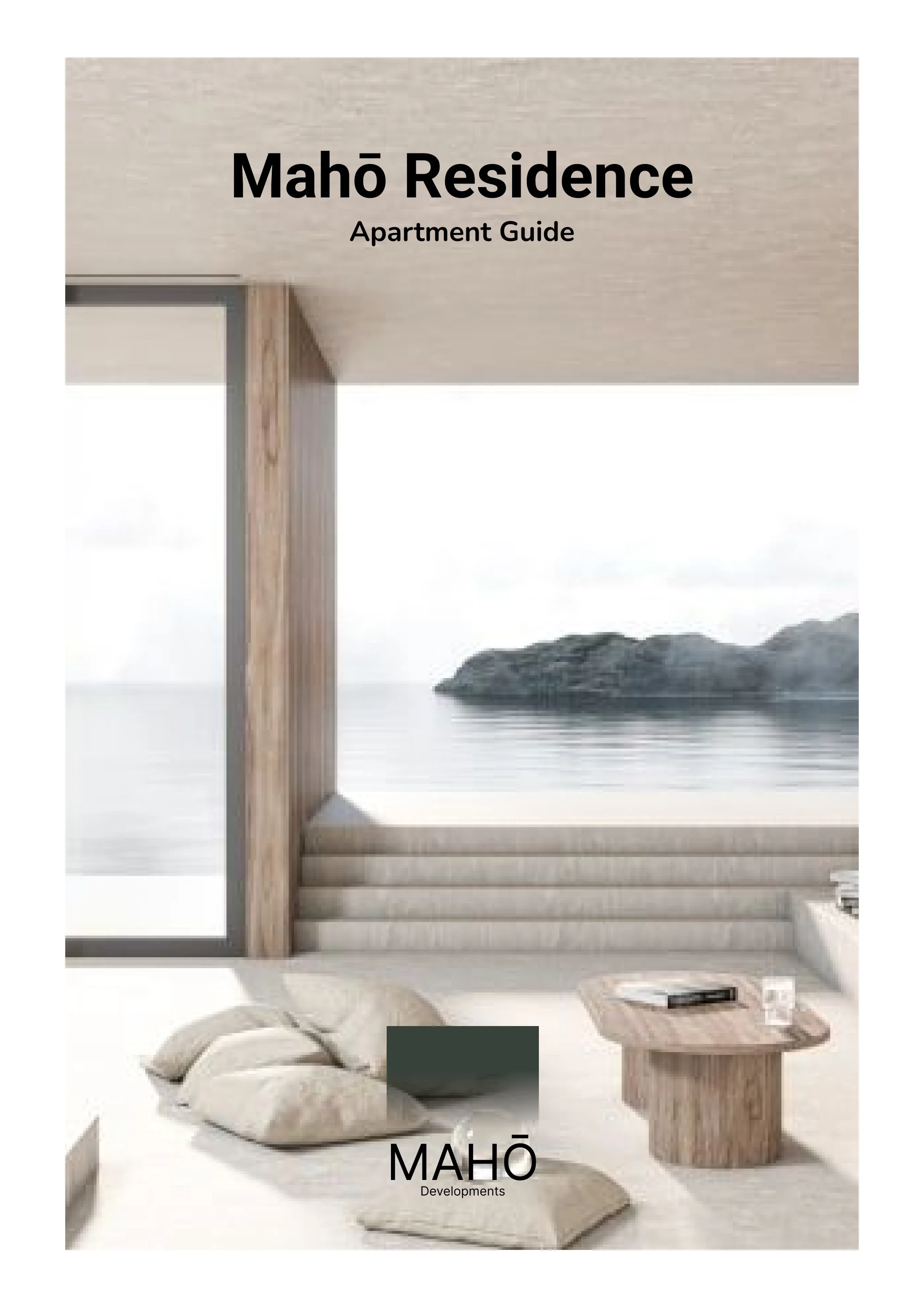 Cover page of the Mahö Residence apartment guide featuring a modern interior with a view of the ocean and rocky island, a staircase, and a low wooden table with cushions.