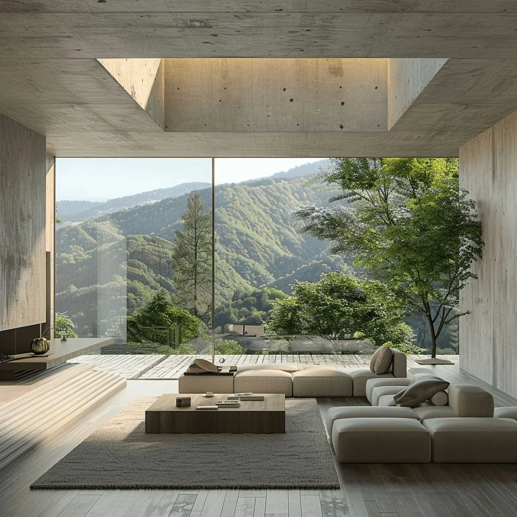 Modern living room with large floor-to-ceiling window showing a lush green mountain landscape, minimalist beige sectional sofa, wooden coffee table, and indoor plants.