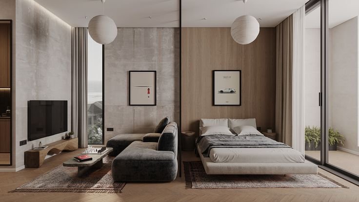 Modern bedroom with sitting area, featuring a bed, sofa, wall art, and large windows with curtains.