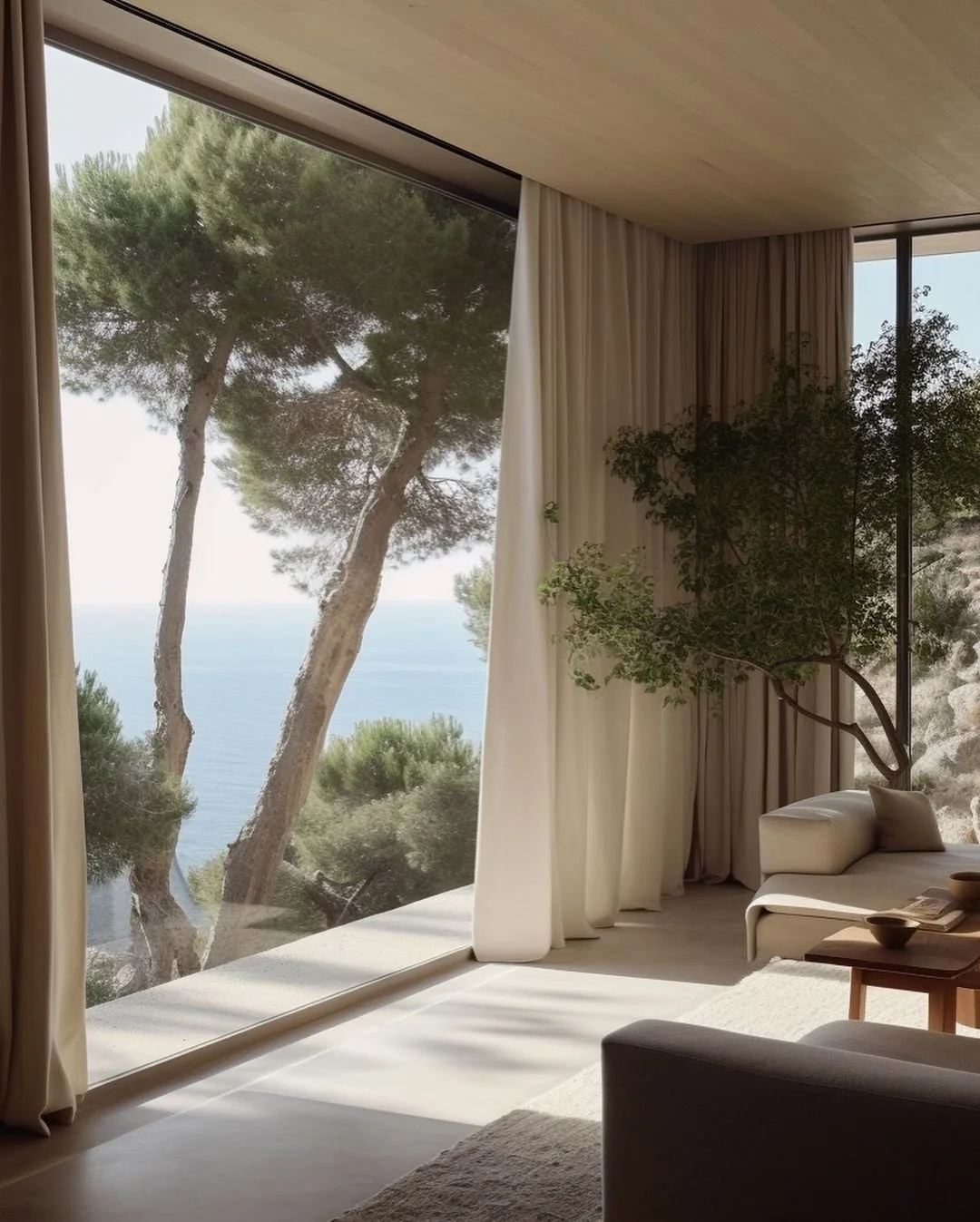 Sunlit living room with large glass window revealing trees and ocean view, beige curtains, modern white sofa, green plant, wooden coffee table with bowls and magazines.