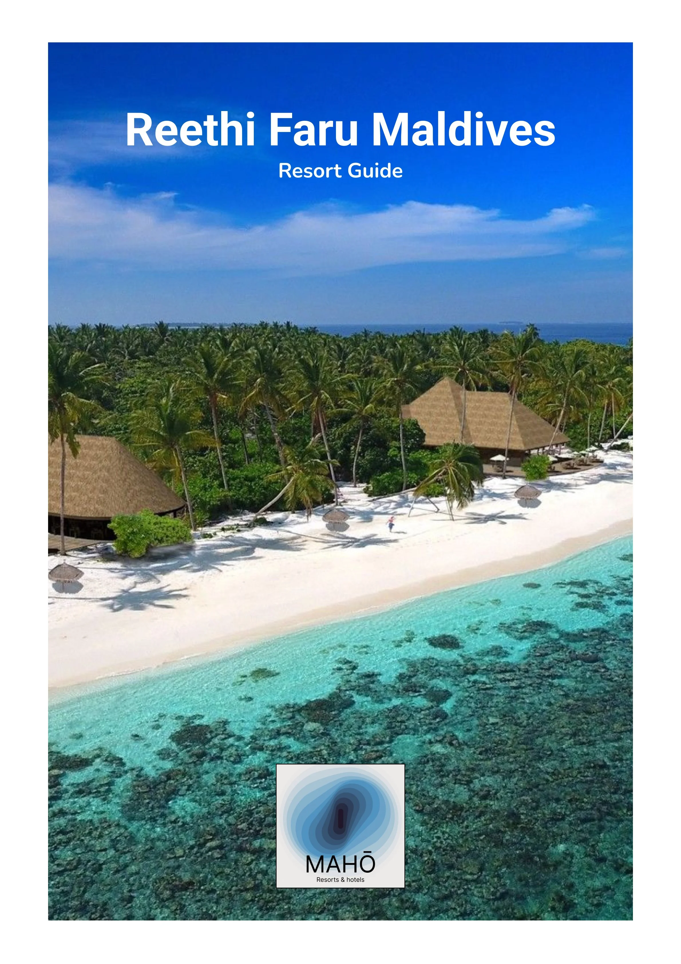 Cover of Reethi Faru Maldives resort guide with an aerial view of a tropical beach, white sand, turquoise water, and palm trees.