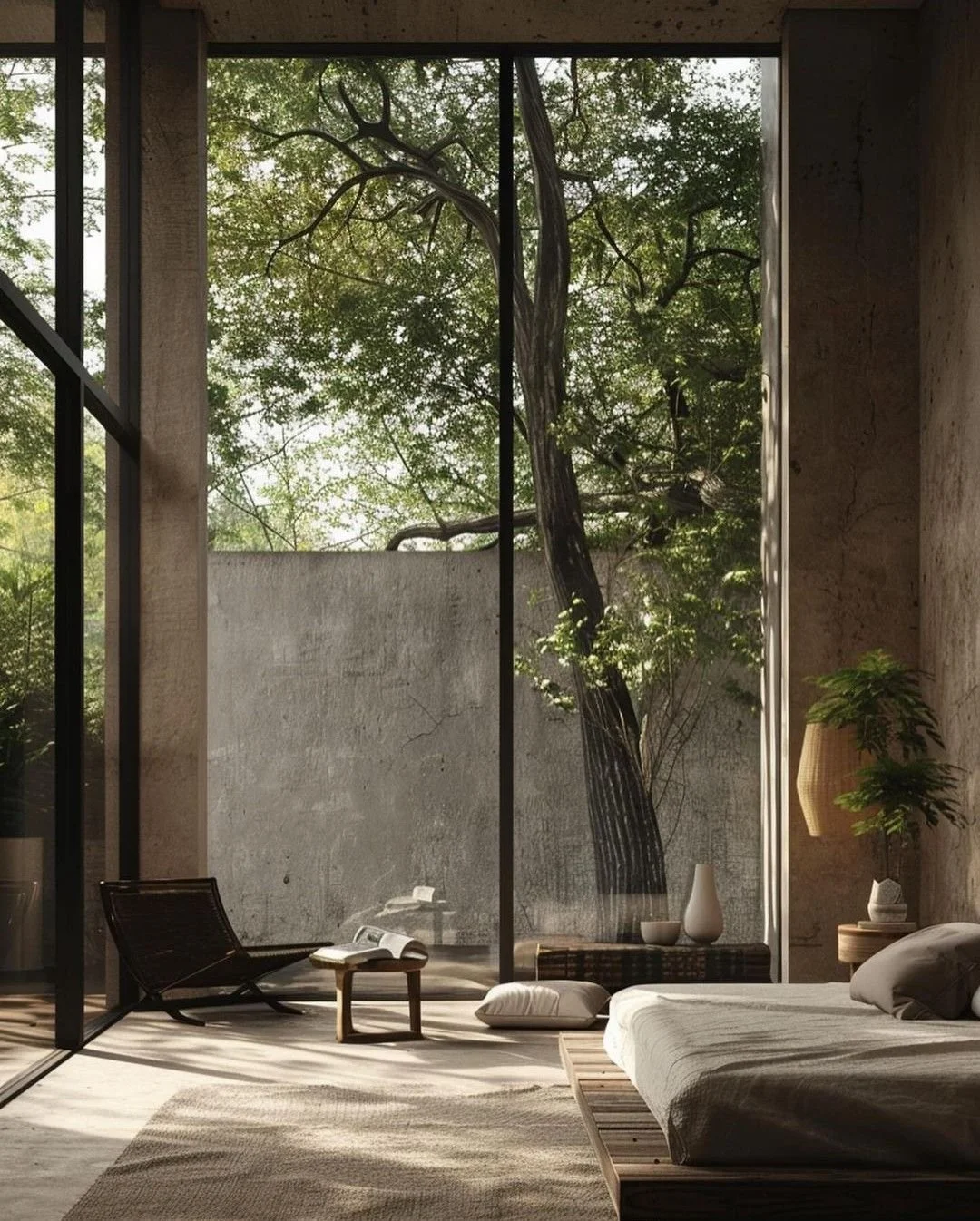 Bedroom with large floor-to-ceiling glass window showing a tree outside. The room has a minimalist aesthetic with a bed, pillows, a small table, and decorative vases and plants.