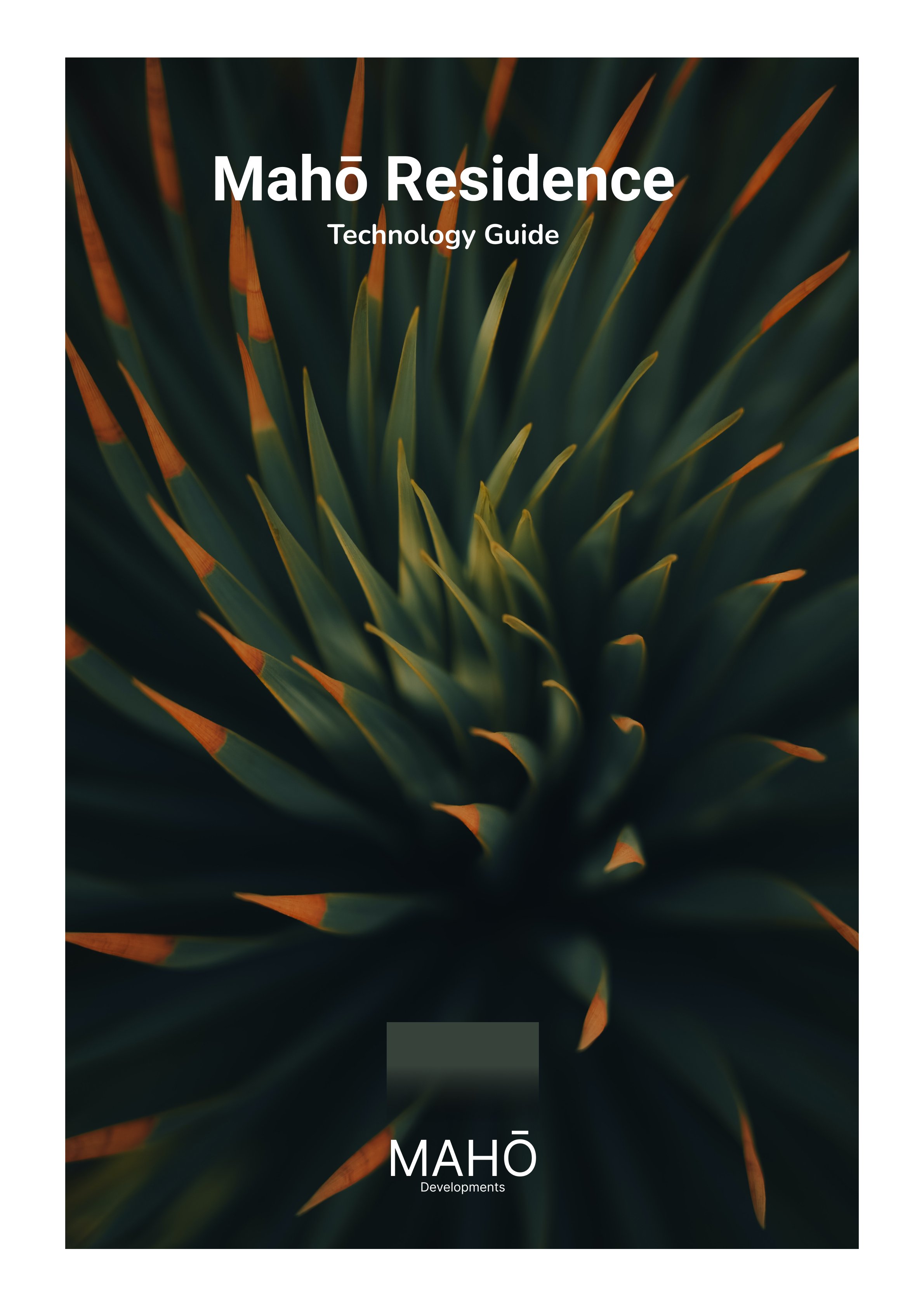 Cover page of a technology guide for Maho Residence with a close-up image of a succulent plant.