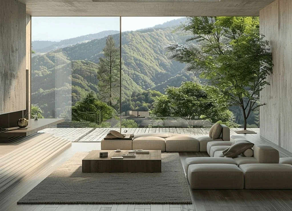 Modern living room with large floor-to-ceiling window showcasing a scenic mountain view, white sectional sofa, wooden coffee table, and indoor plants.