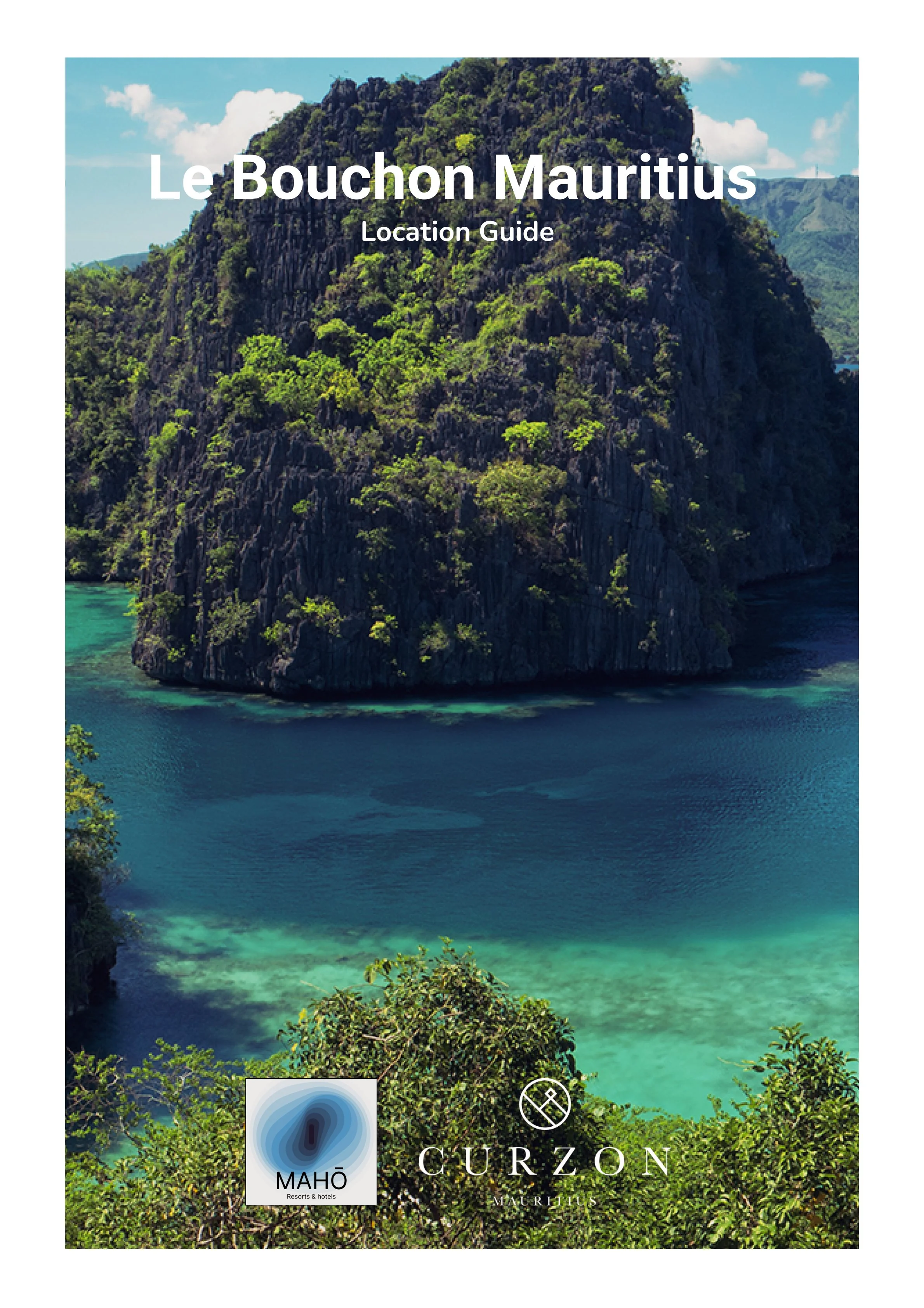 Tourism brochure cover for Le Bouchon Mauritius featuring a scenic view of a large, forested island with turquoise waters surrounding it.