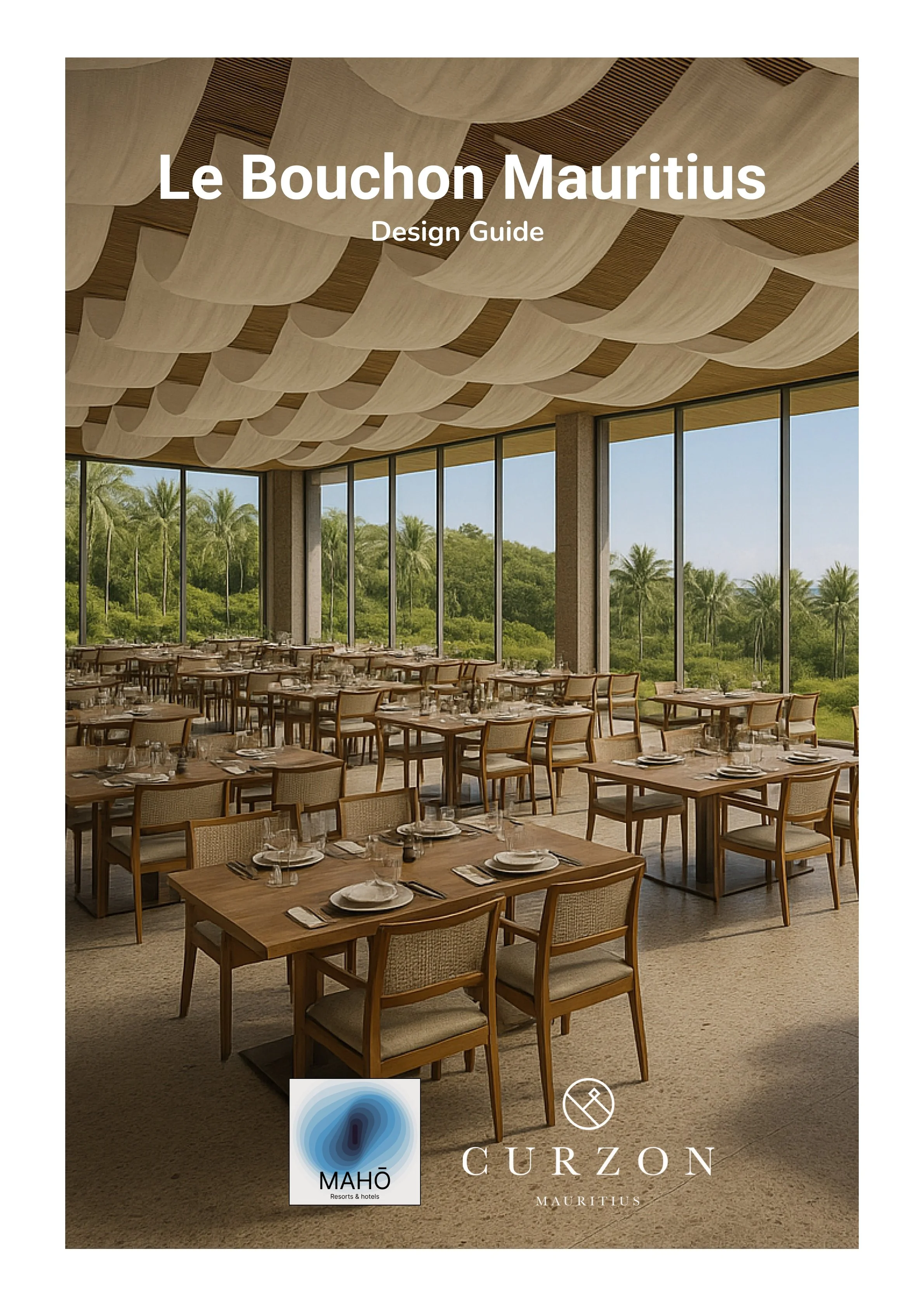Cover of a design guide featuring a restaurant with wooden tables and chairs, large glass windows, and a view of palm trees outdoors, with a decorative ceiling.