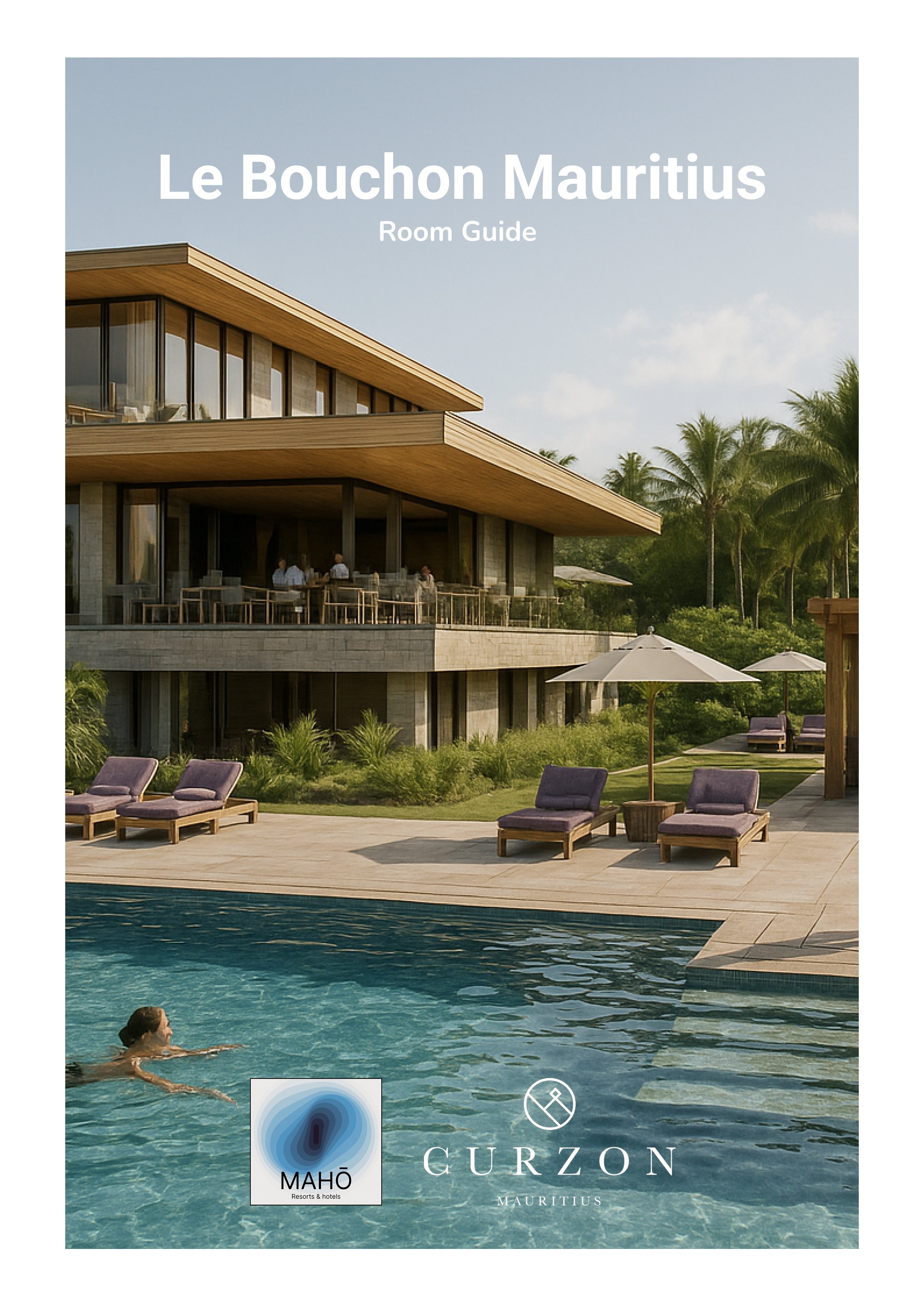 Cover of Le Bouchon Mauritius room guide featuring a modern building with outdoor dining, lounge chairs with umbrellas beside a swimming pool, in a tropical setting with palm trees.