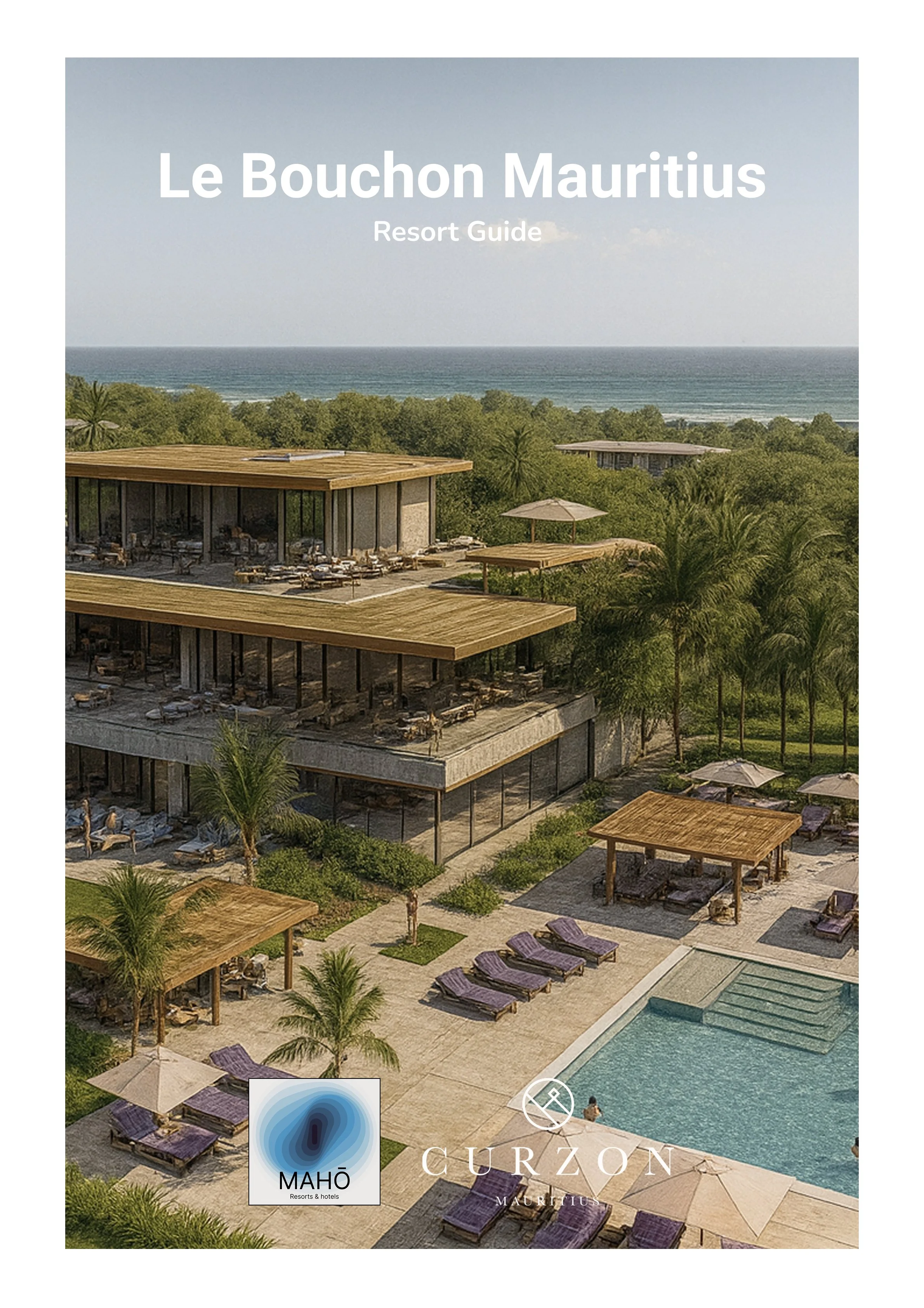 Resort guide cover for Le Bouchon Mauritius, featuring a view of a luxurious hotel with outdoor seating, palm trees, a swimming pool, and the ocean in the background.