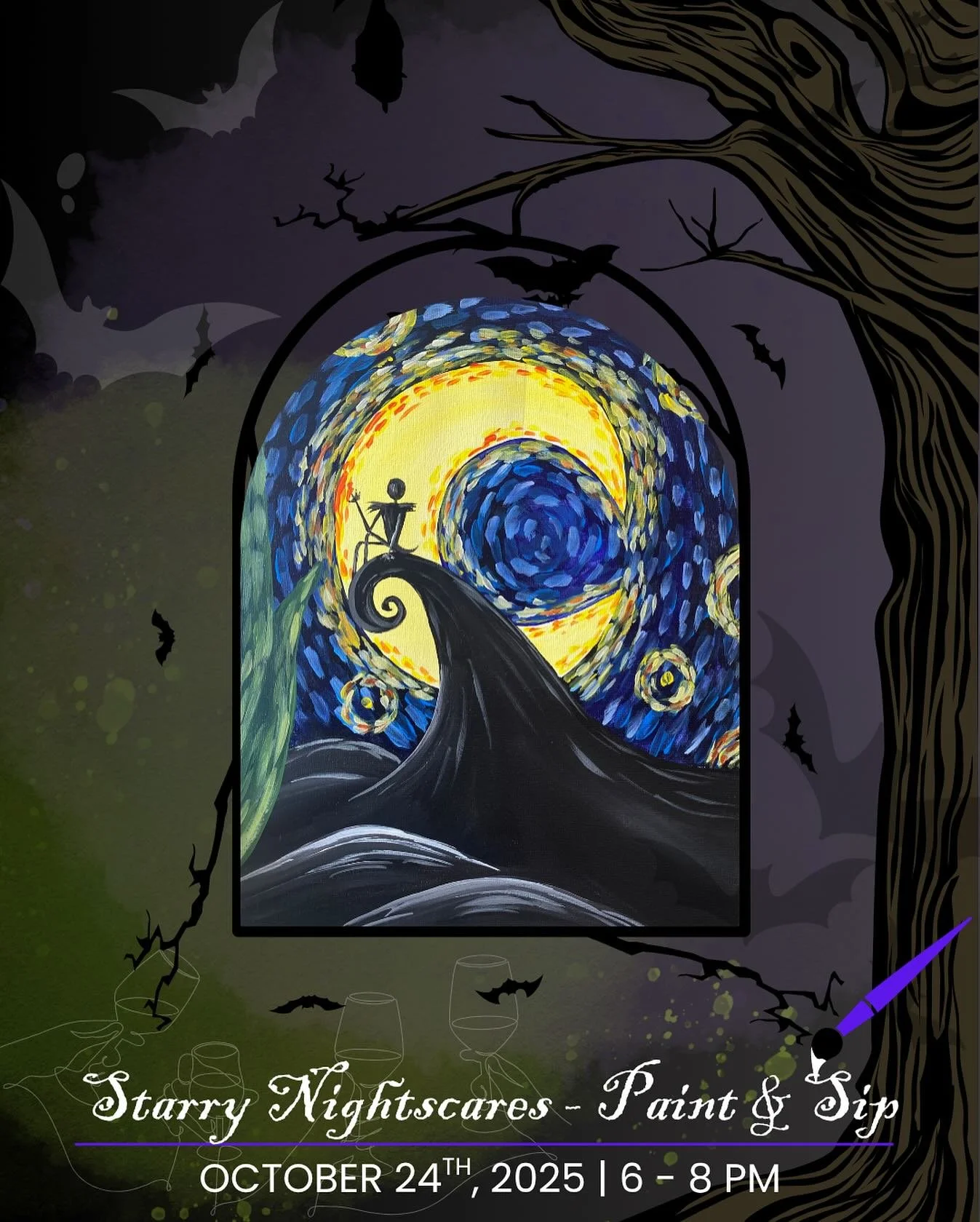 Starry Nightscares is coming! 👻 🎃 

Join us on October 24th from 6- 8 PM for a spooky twist on your favorite Paint &amp; Sip Night! 

We&rsquo;re teaming up with @paintingandvino_palla for a night full of creativity, scary vibes, tasty sips and bit