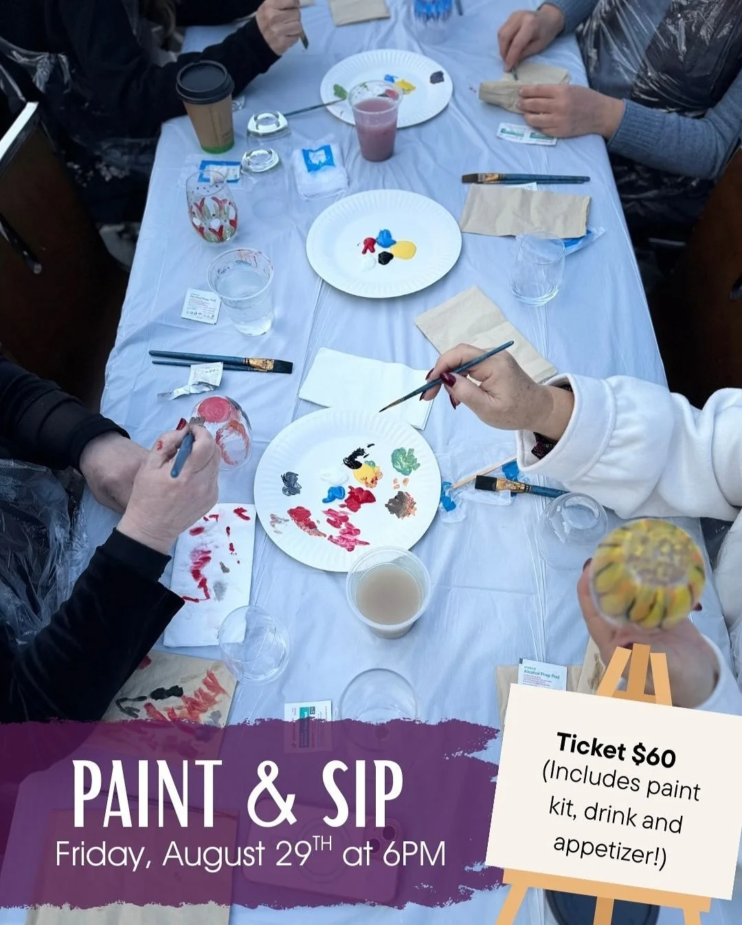 Grab your friends, date or coworkers, it&rsquo;s time to PAINT &amp; SIP! 🍷 🎨 

Join us on Friday August 29 for a fun afternoon filled with art, good vibes, delicious bites and sips.

Tickets available now - don&rsquo;t wait! Use this code PAINT5 f