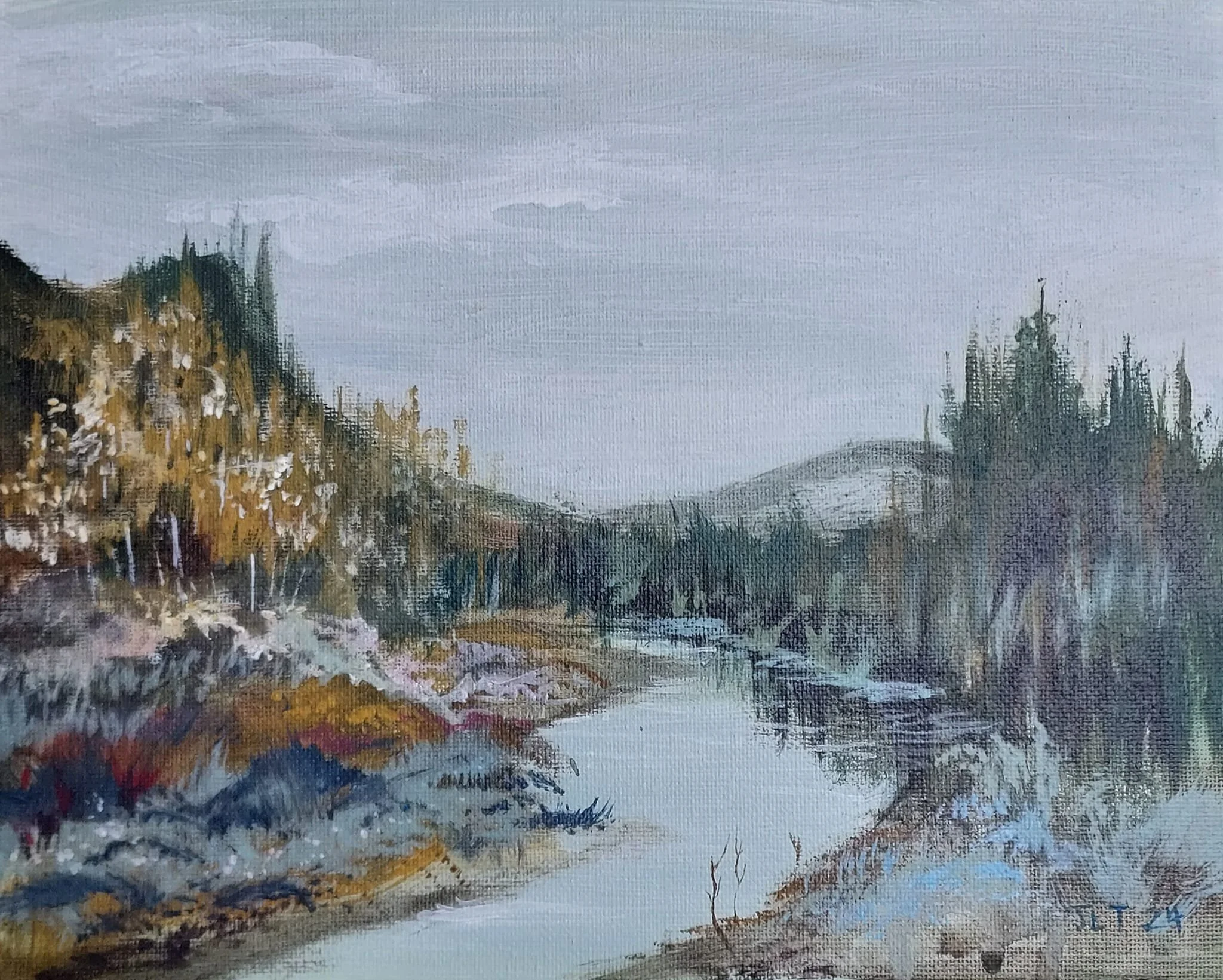 $200 "MountainRiver" Acrylic on canvas. 8"x10" 2024
