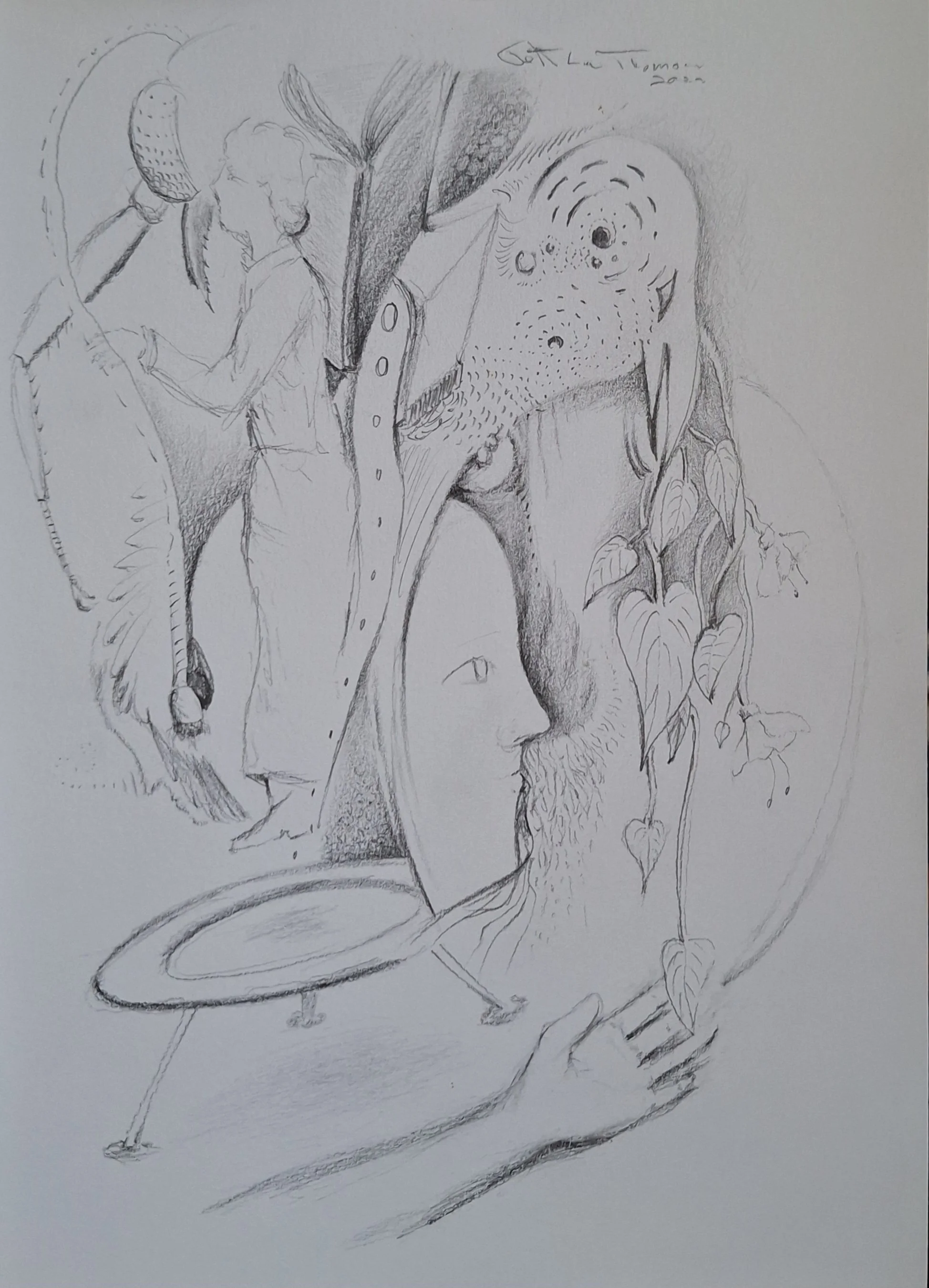 $200 "The Gardener " pencil on paper. 7"x10" 2023