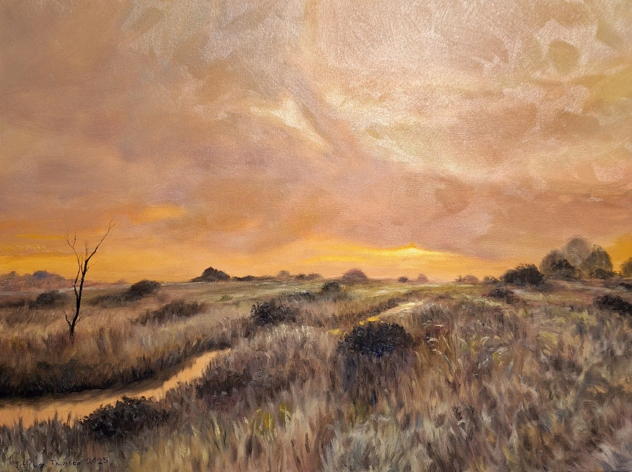 $1000 "Golden Skies" Oil on gallery wrap canvas. 18"x24" 2025