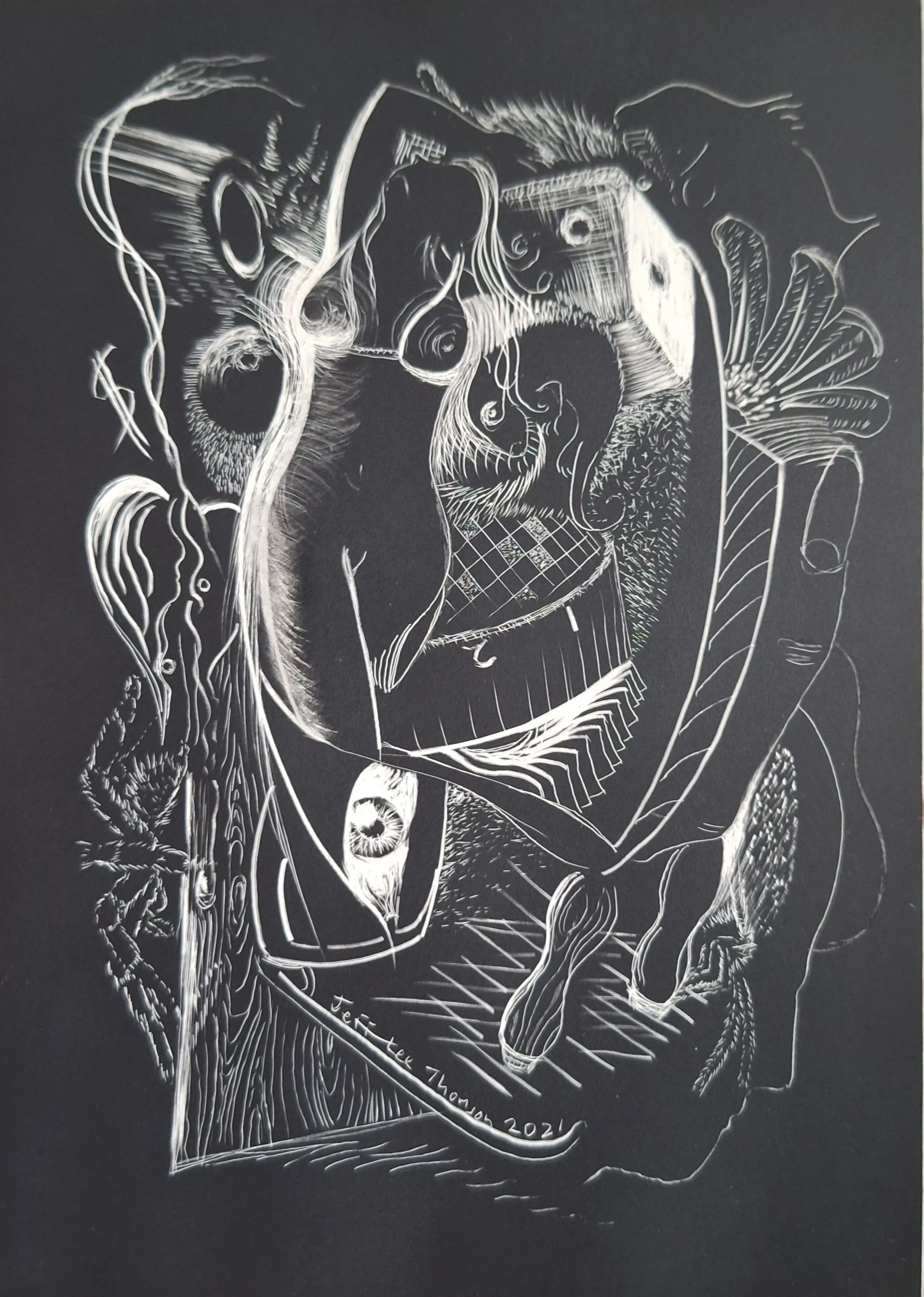 $200 "Roll of The Dice" scratchboard. 5"x7" 2021