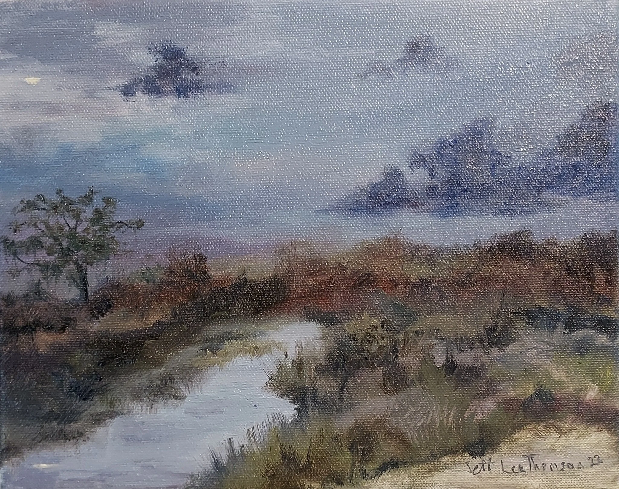 Sold" Hunting Frogs By Flashlight Under The Moon" Oil on canvas 8"x10" 2022