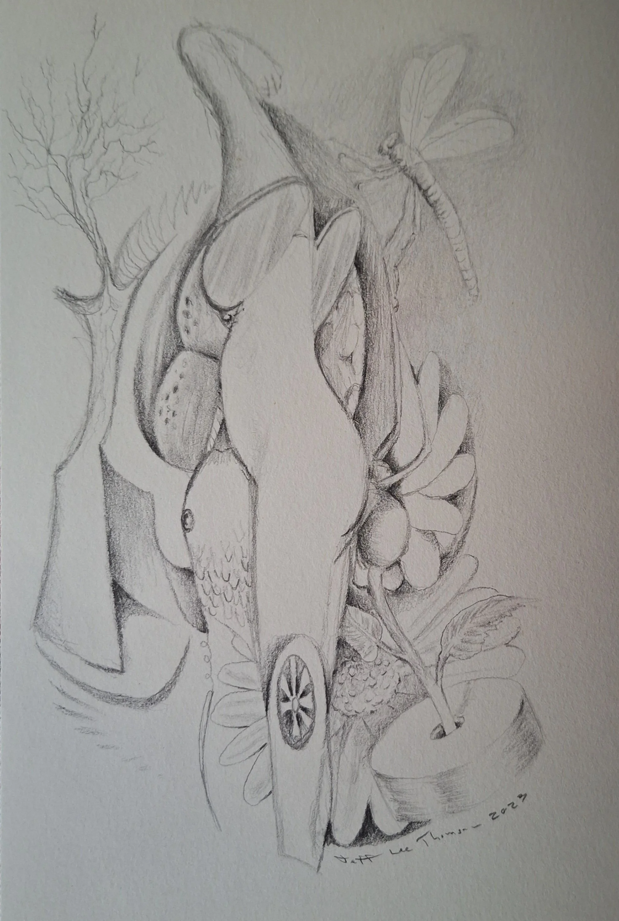 $200 "Hercules Looking Over An Arriving Leggy Dragonfly" pencil on paper. 5.5"x8.5" 2023