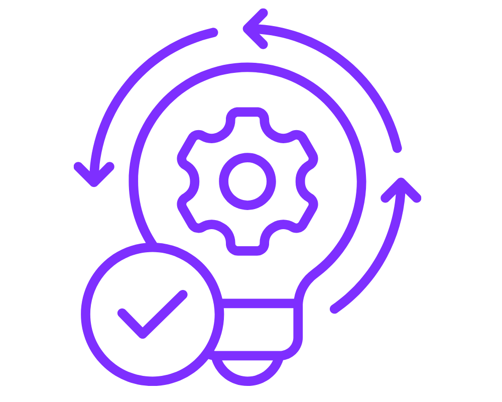 Line art illustration of a lightbulb with a gear inside, surrounded by arrows forming a cycle, and a checkmark in a circle, symbolizing continuous improvement or system optimization.