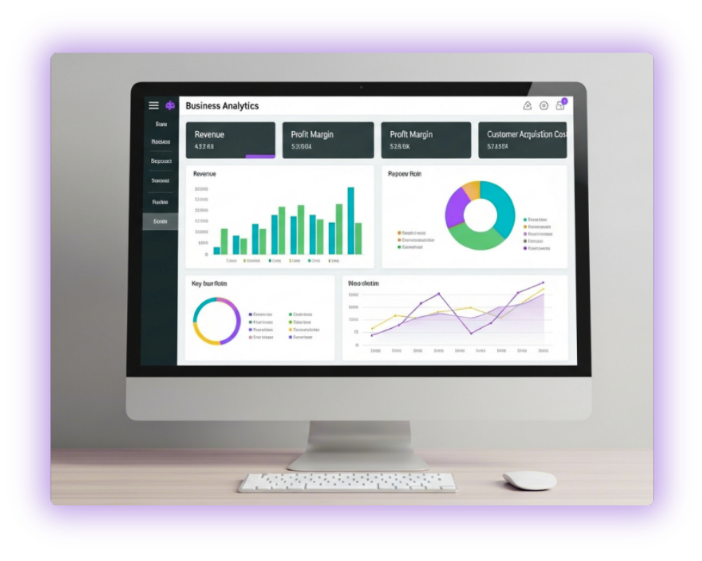 Computer monitor displaying business analytics dashboard with graphs and charts.