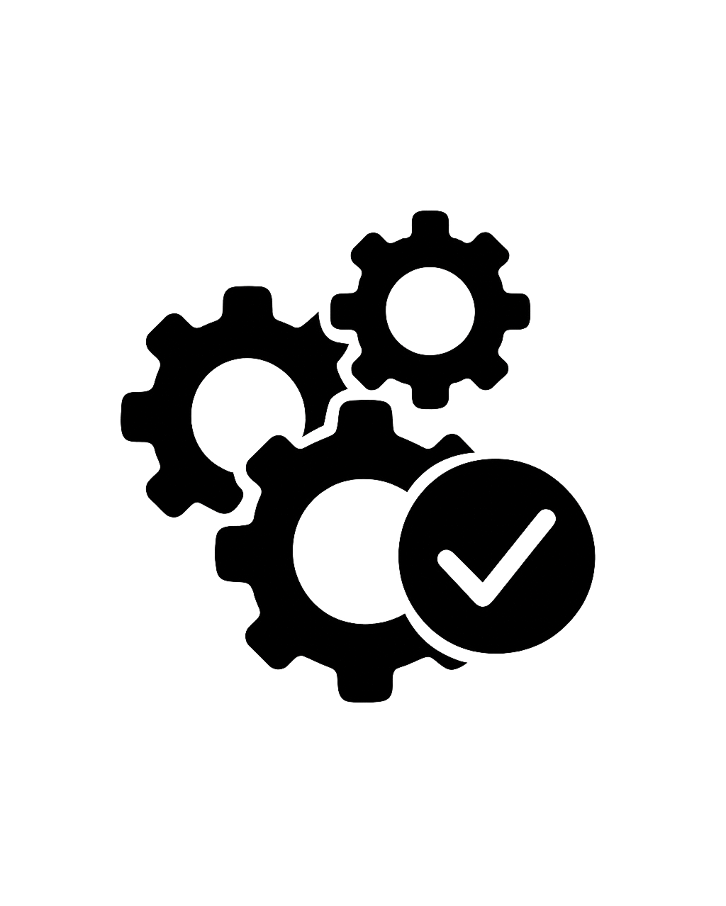 Outline image of interconnected gears with a checkmark symbol, representing system settings or completion.