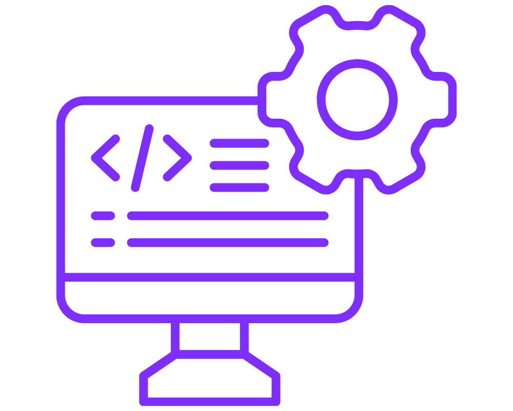 Neon outline of a computer monitor with code on the screen and a gear icon, symbolizing software development or programming.