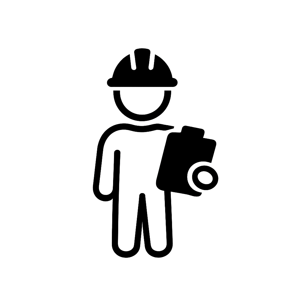 Icon of a person wearing a safety helmet holding a clipboard, representing construction or safety work.