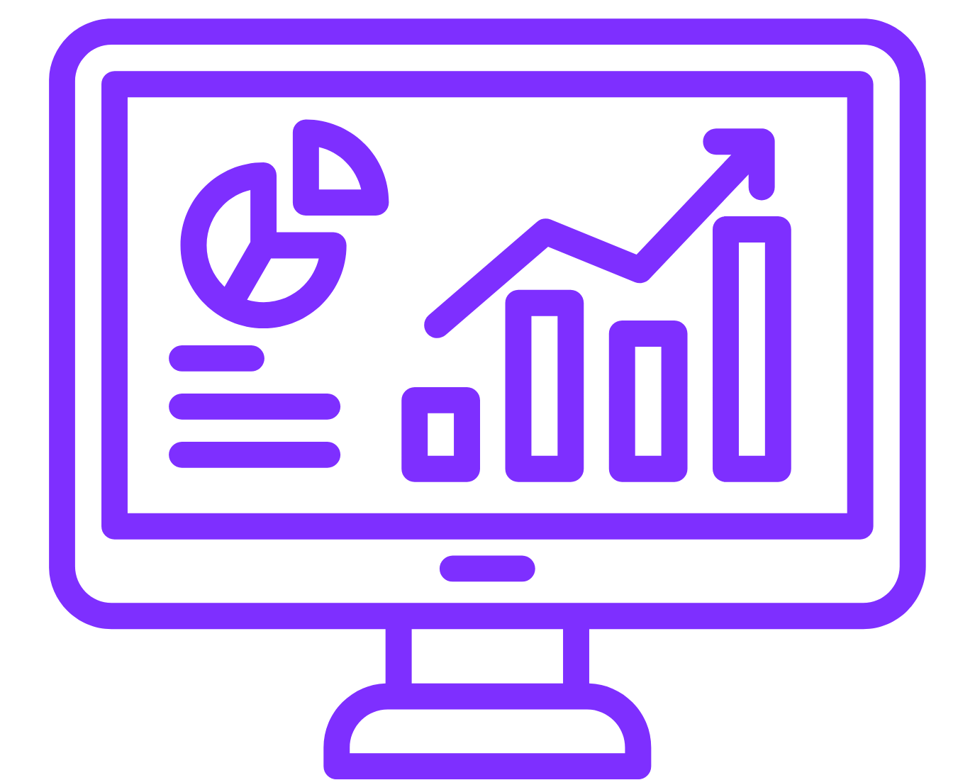 A computer screen displaying charts and graphs, including a pie chart, bar graph, and an upward trending line graph, all in purple outline style.