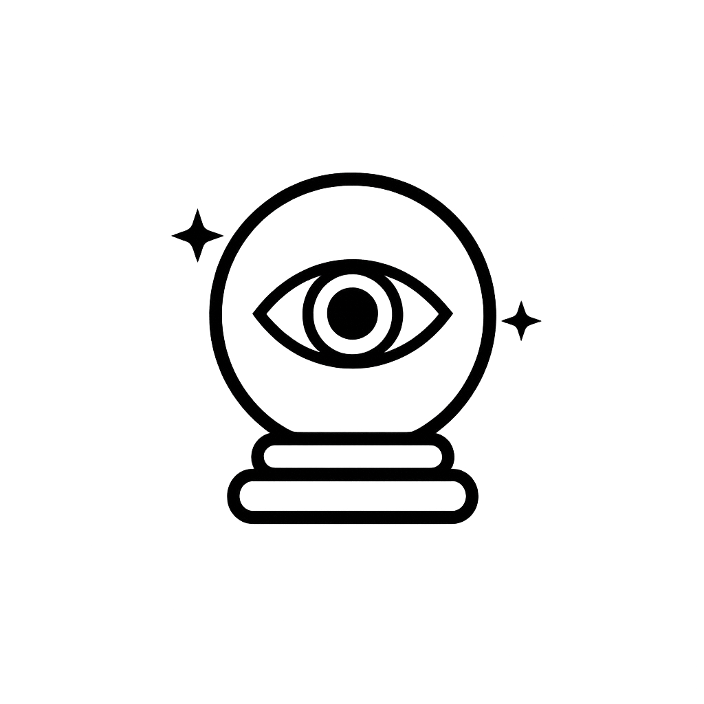 Line drawing of a crystal ball with an eye inside, surrounded by stars and sparkles.