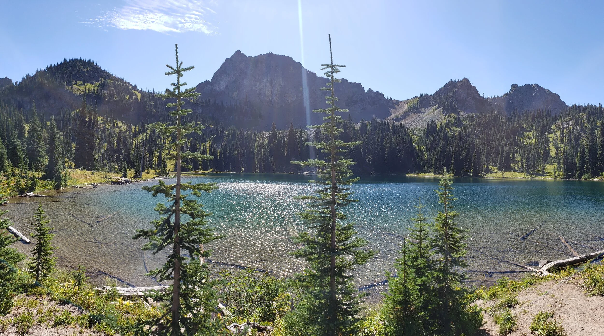 A clear mountain lake surrounded by pine trees and mountains under a sunny sky.