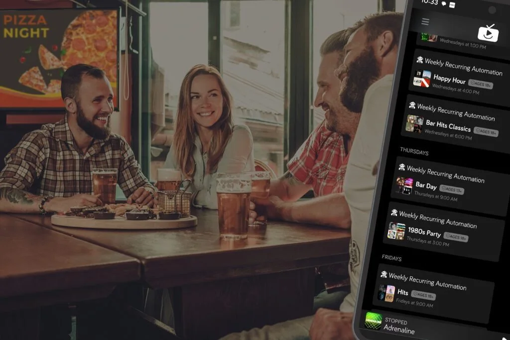 Four friends sitting at a table in a pizza restaurant, smiling and enjoying drinks, with a menu screen displaying various weekly events and playlists in the foreground.