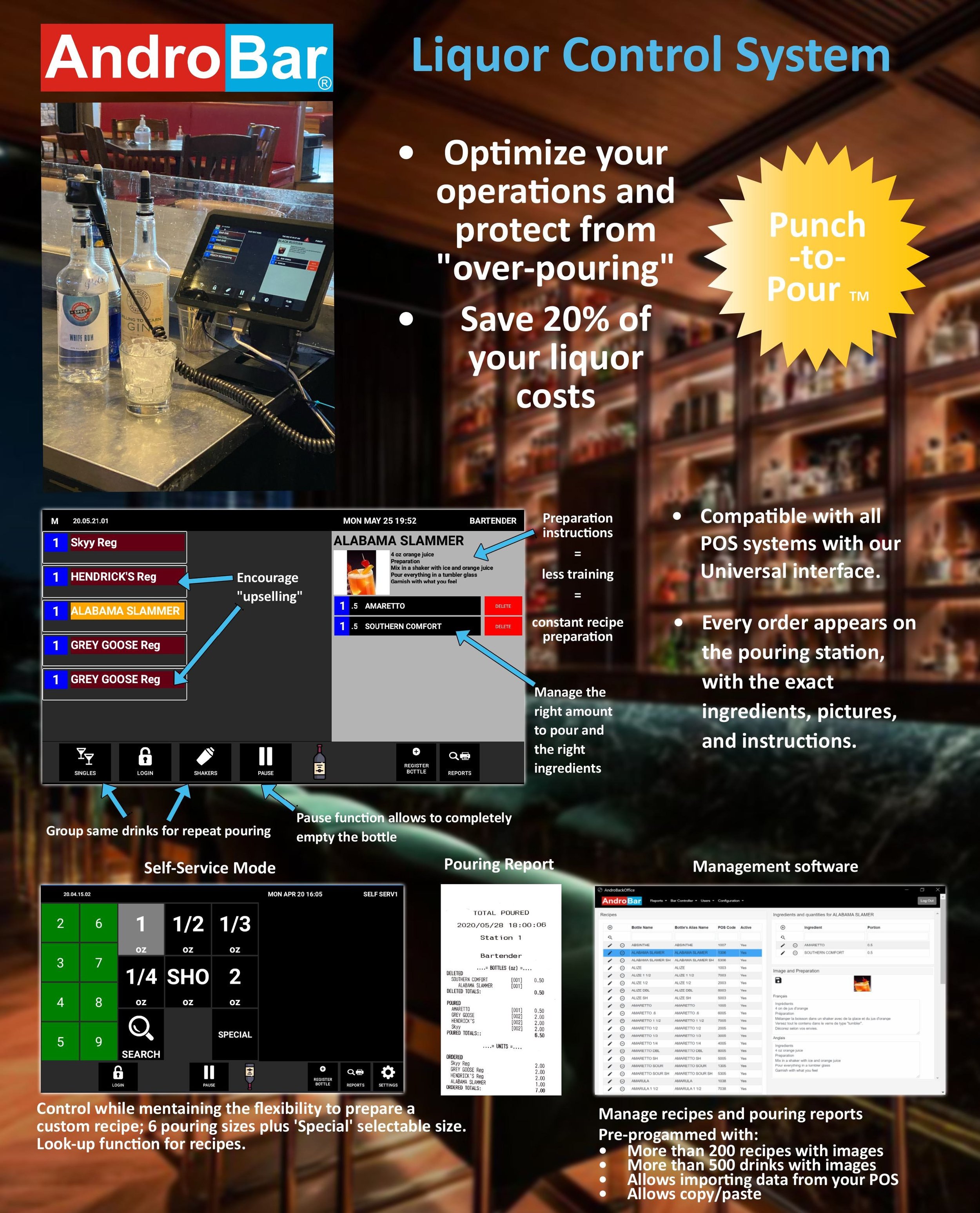 Brochure for AndroBar Liquor Control System showcases features including order management, recipe prep, self-service mode, pouring report, and management software support for liquor pouring operations.