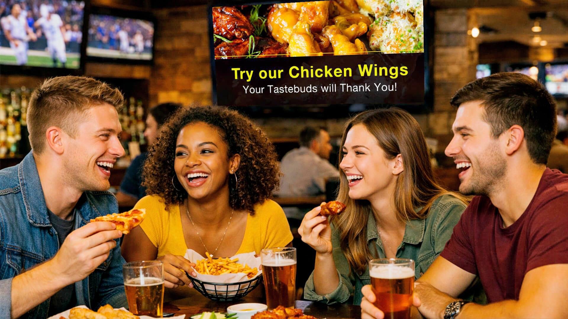 A group of four friends enjoying pizza and beer at a restaurant, laughing and having a good time, with a TV showing a sports game in the background and a sign advertising chicken wings.