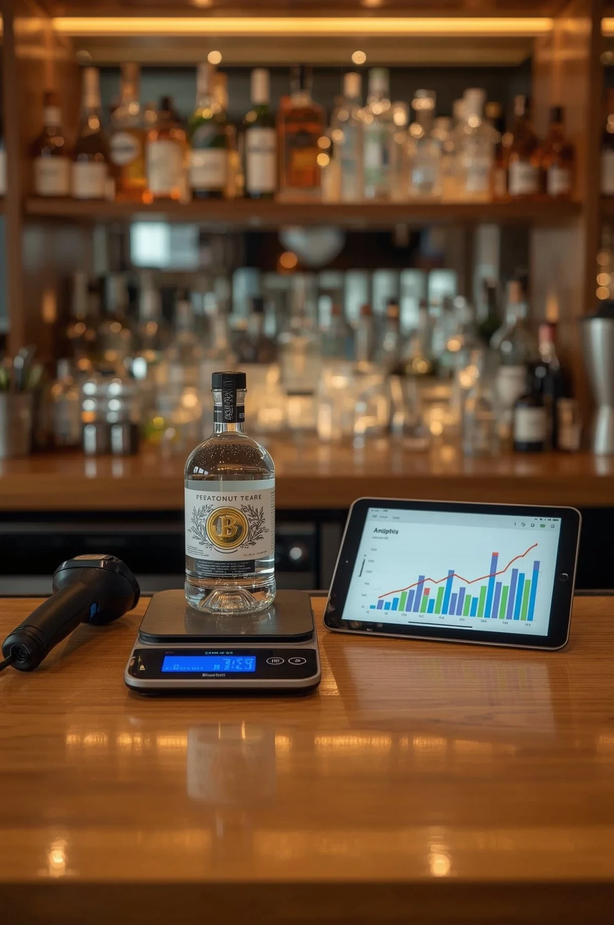 A bottle of Peatonut Tears gin on a digital scale, a tablet displaying a bar and line graph titled 'Analytics,' and a black handheld device on a wooden bar counter with a blurred bar shelves in the background.