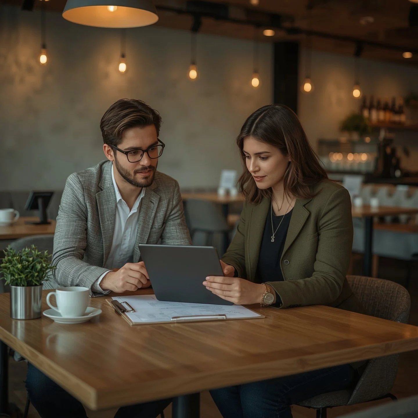 A man and woman sitting at a wooden table in a modern cafe looking at a tablet together, with coffee, a small potted plant, and documents on the table.