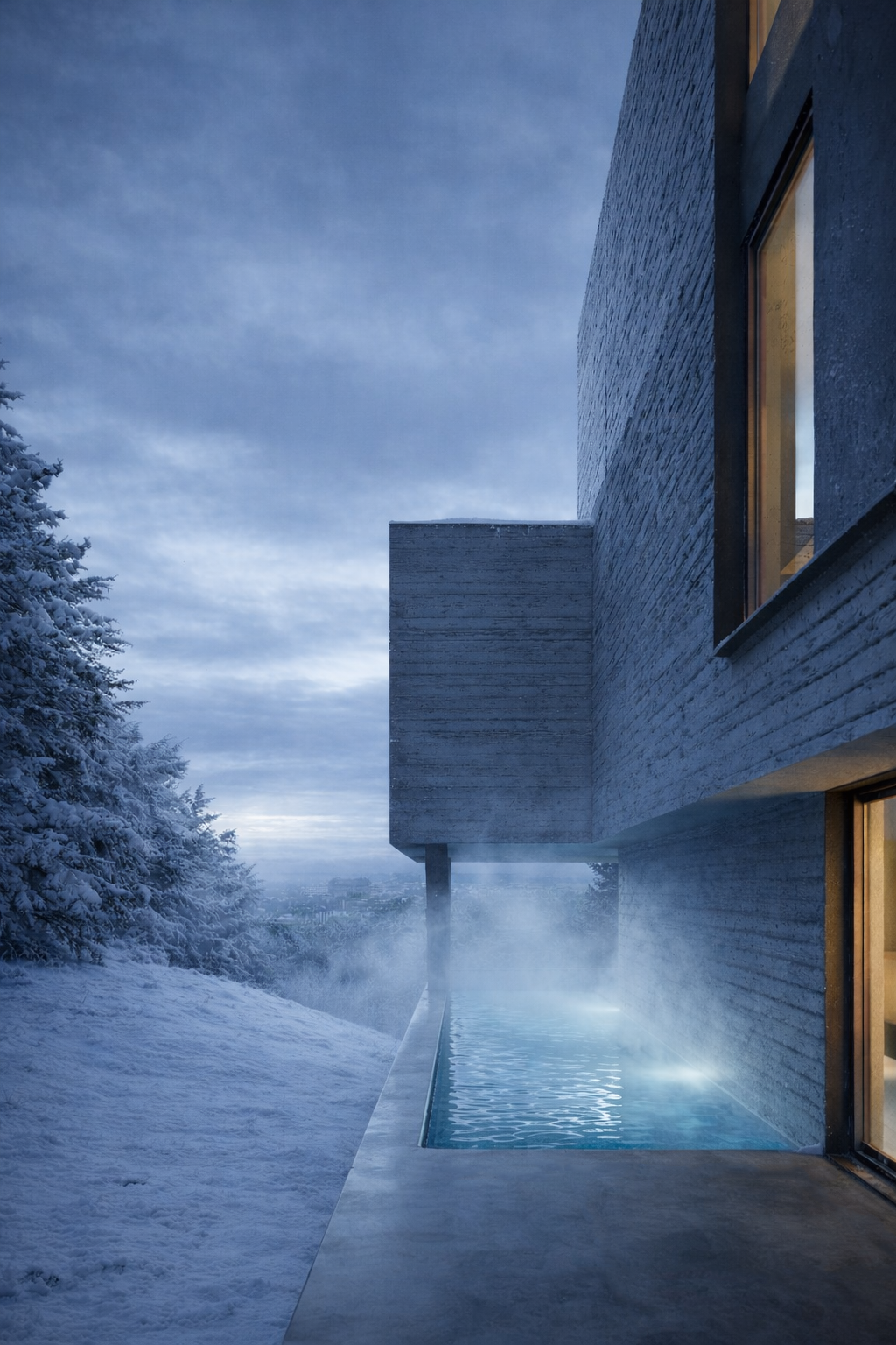 V-Stack Haus Heidelberg, von Henecka Architekten BDA, Moderne Hausfassade im Winter mit Schneelandschaft, beheiztem Pool und warmem Licht im Innenraum.