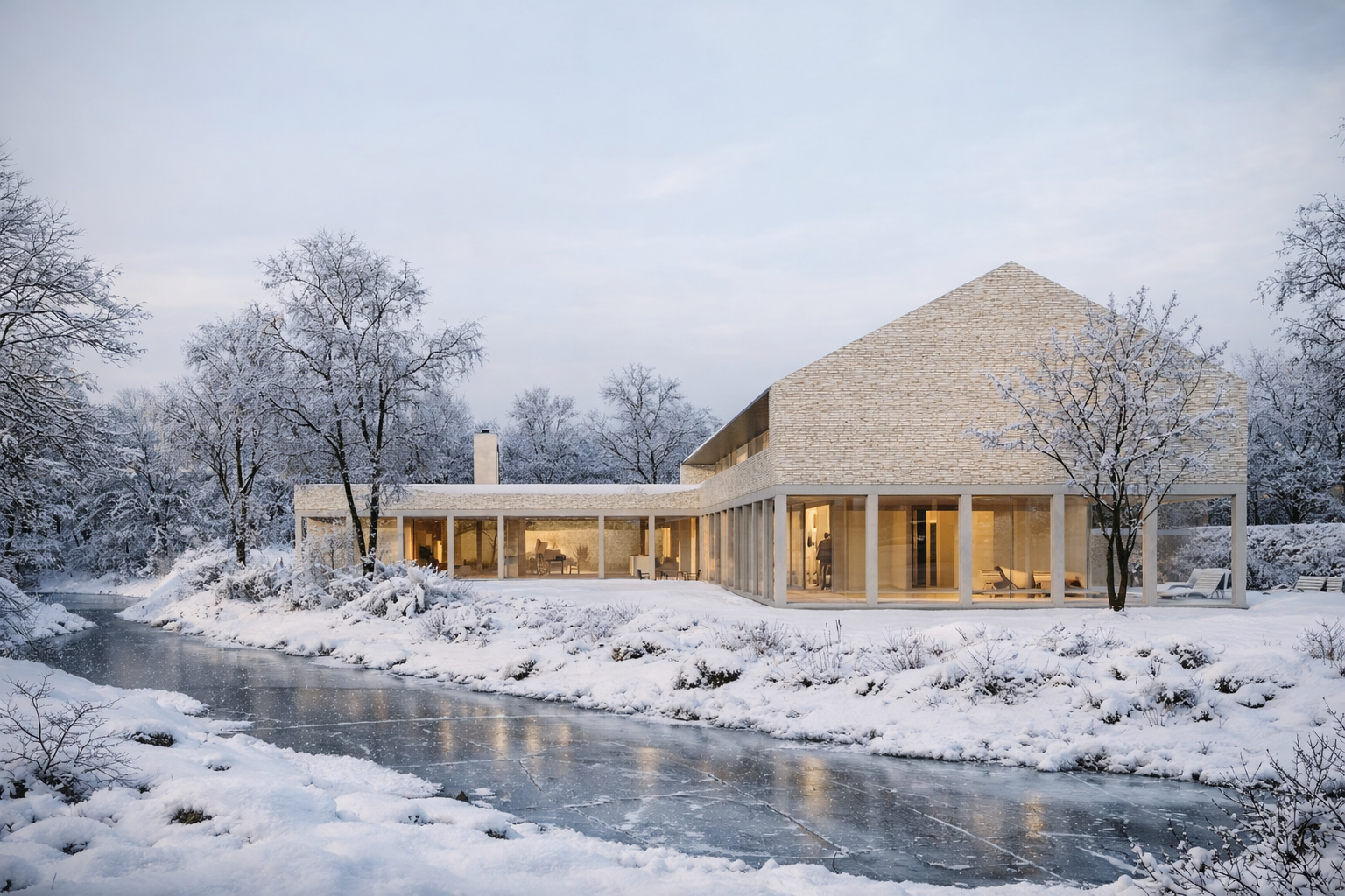 Modernes Haus im Winter, mit großen Glasflächen, overlooking einen frostigen Fluss und schneebedeckte Bäume.