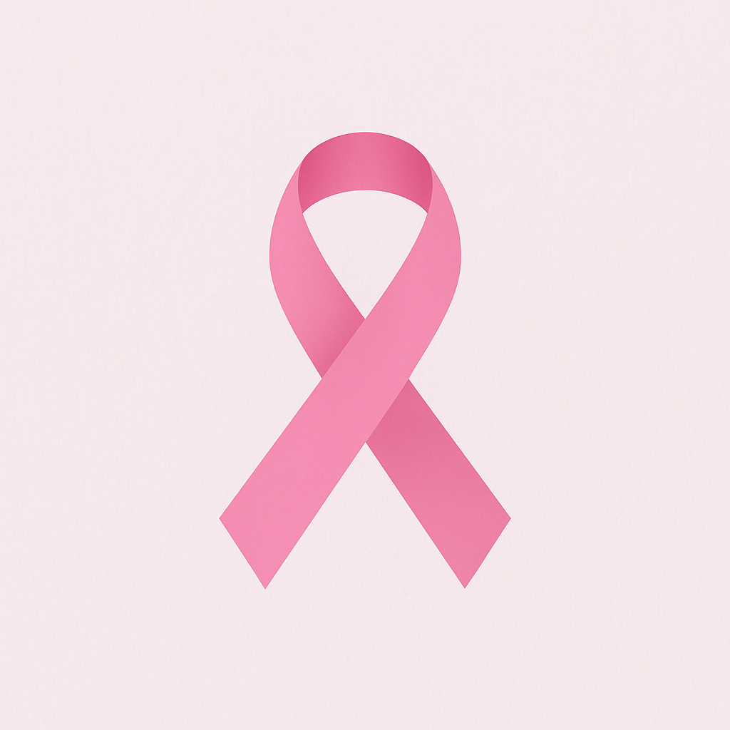 A pink ribbon symbol for breast cancer awareness on a light pink background.