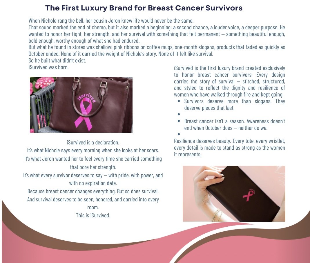 A brown handbag with a pink ribbon and pink 'I Survived' text, a pink breast cancer awareness ribbon, and a close-up of a hand holding a brown wallet with a pink 'I Survived' ribbon.