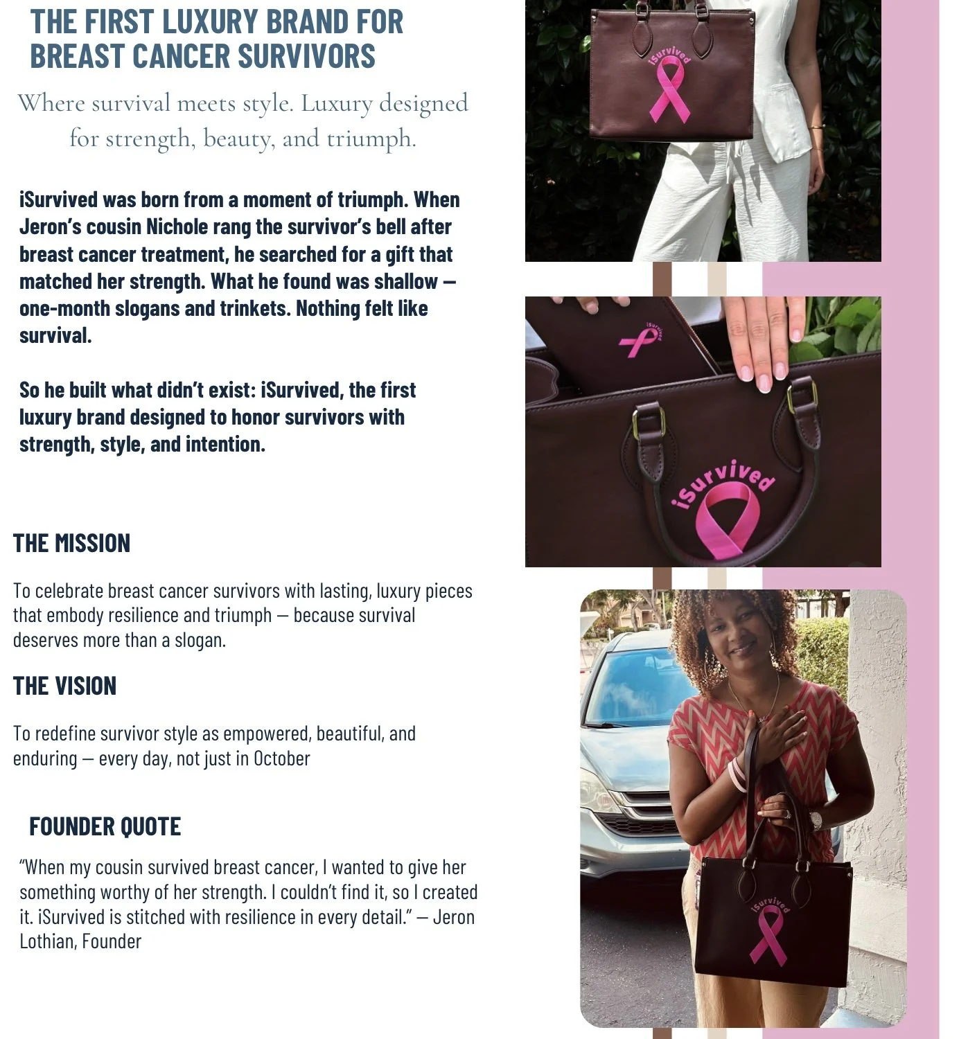 Brochure promoting a luxury brand for breast cancer survivors, featuring images of handbags with pink ribbons, and a smiling woman holding a handbag with a pink ribbon, standing outdoors.