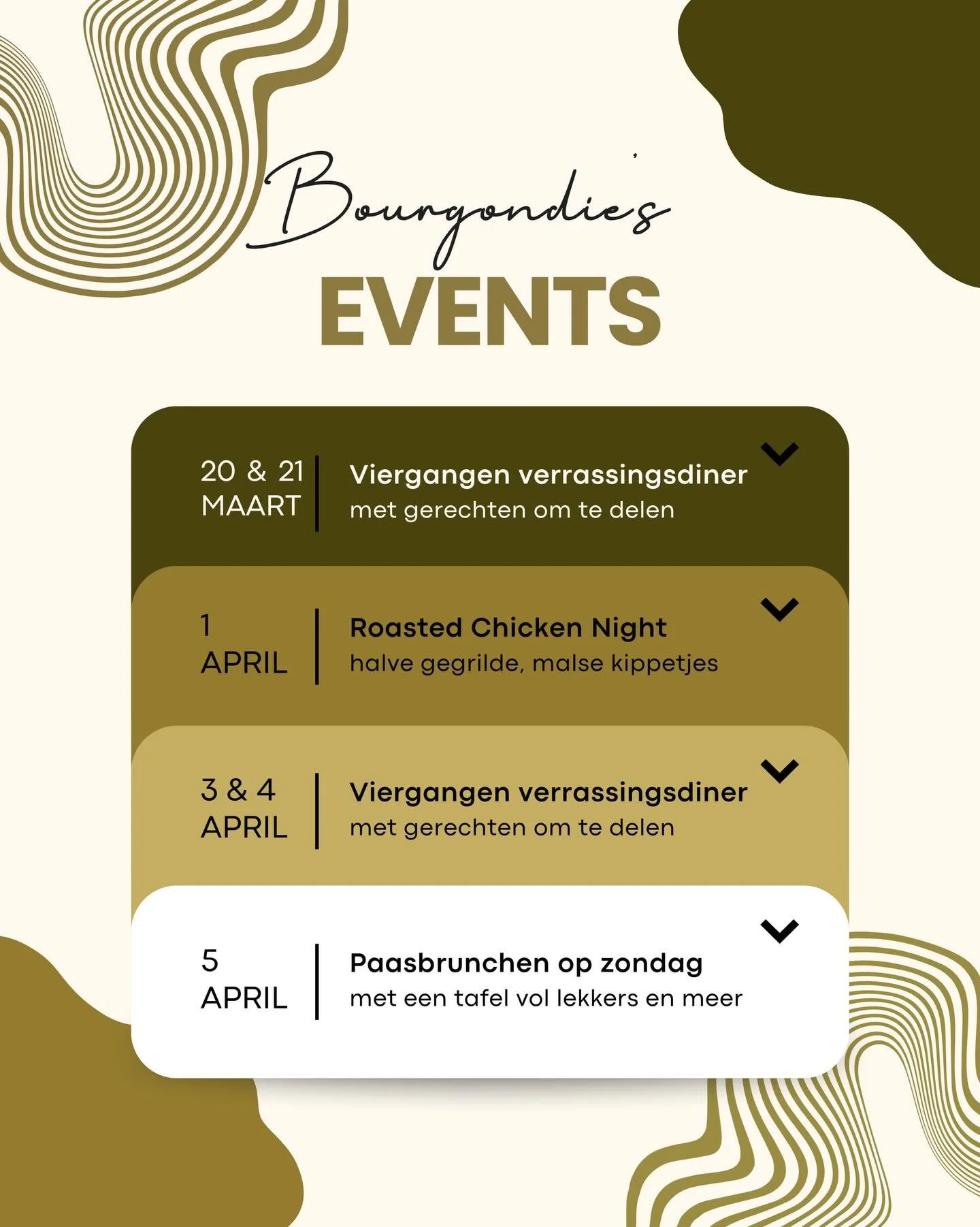 Zet je schrap voor smaakvolle avonden bij Bourgondie! ✨ Of je nu zin hebt in een verrassingsdiner met vrienden of een gezellige Paasbrunch met de hele familie, onze agenda zit boordevol lekkers.. 🐣 RESERVEER NU! 

PS: Op veler verzoek wisselen wij o