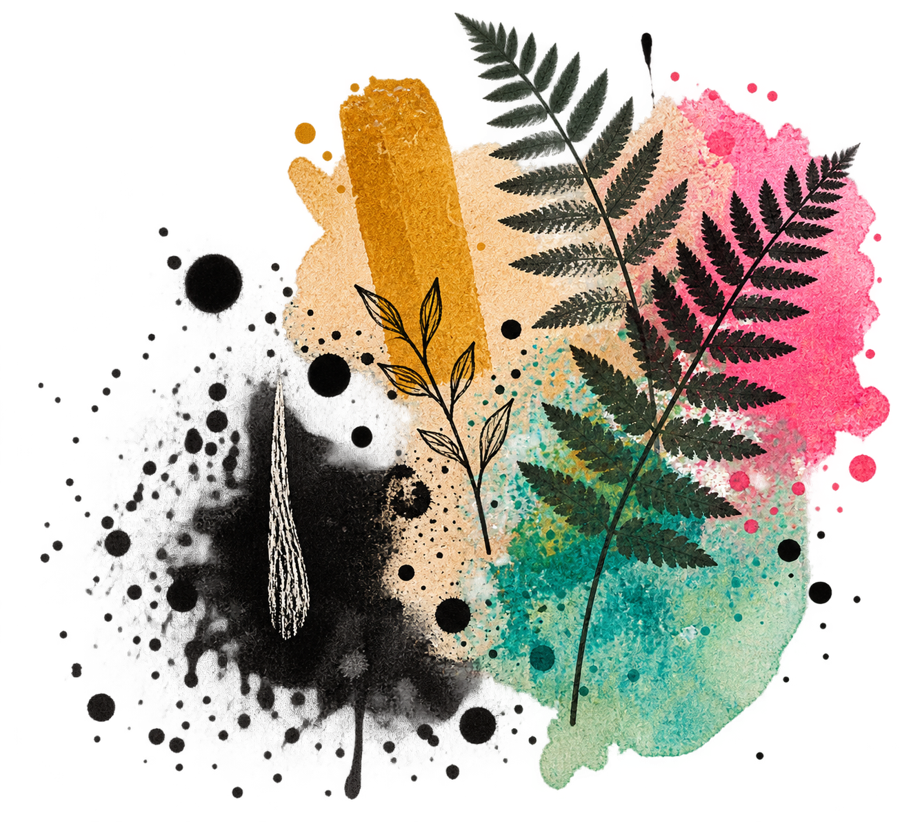 Colorful watercolor illustration with black ink splatters, green fern leaves, and a black and white feather drawing.