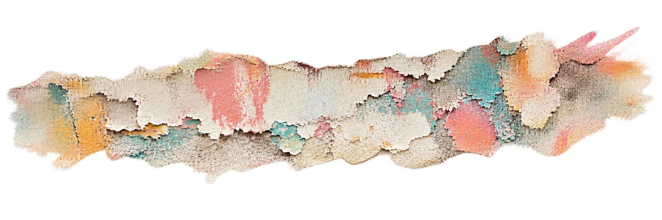 Close-up of colorful chalk layered and chipped, showing pastel shades of pink, blue, yellow, orange, and white.