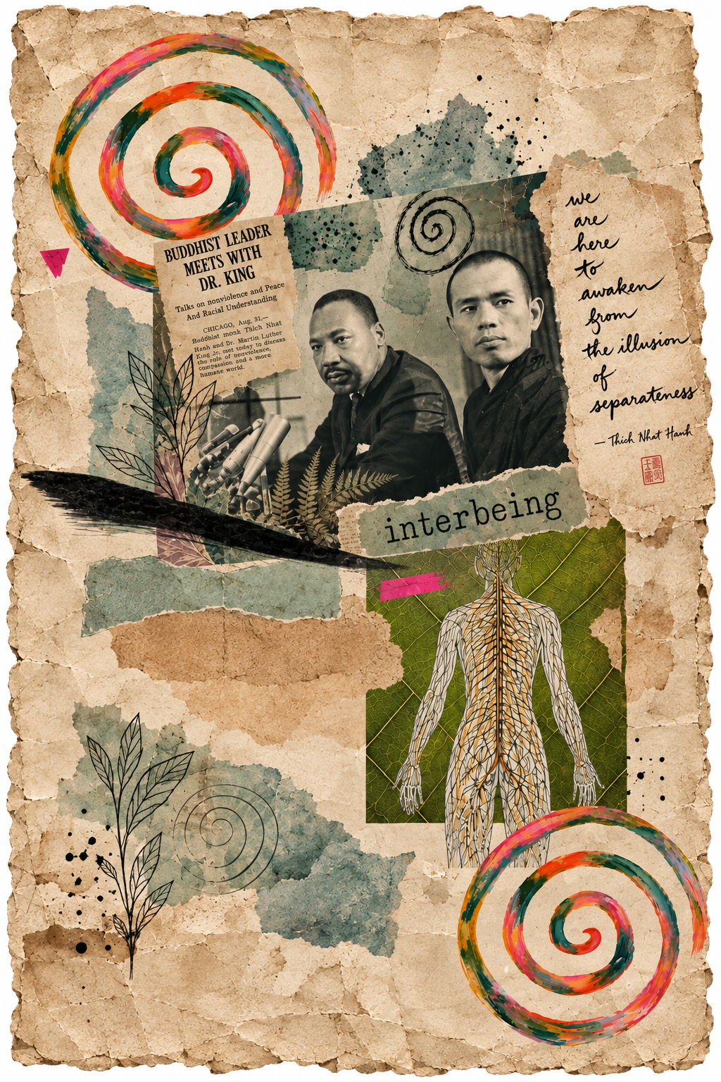 Collage Thích Nhất Hạnh and Martin Luther King at their meeting in 1966. Colorful spirals, plant illustrations, a diagram of the human nervous system on a leaf, and torn paper background.